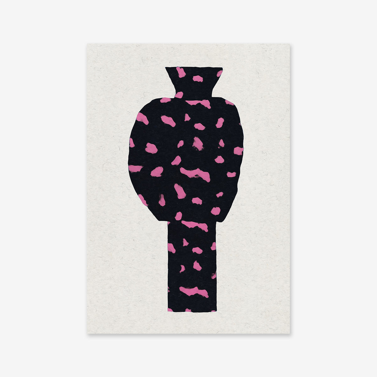 ‘Tall vase No. 4’ features an abstract dark navy vase with a wide body and narrow neck, adorned with irregular pink spots on a light textured background—ideal as a giclée art print for modern interiors.