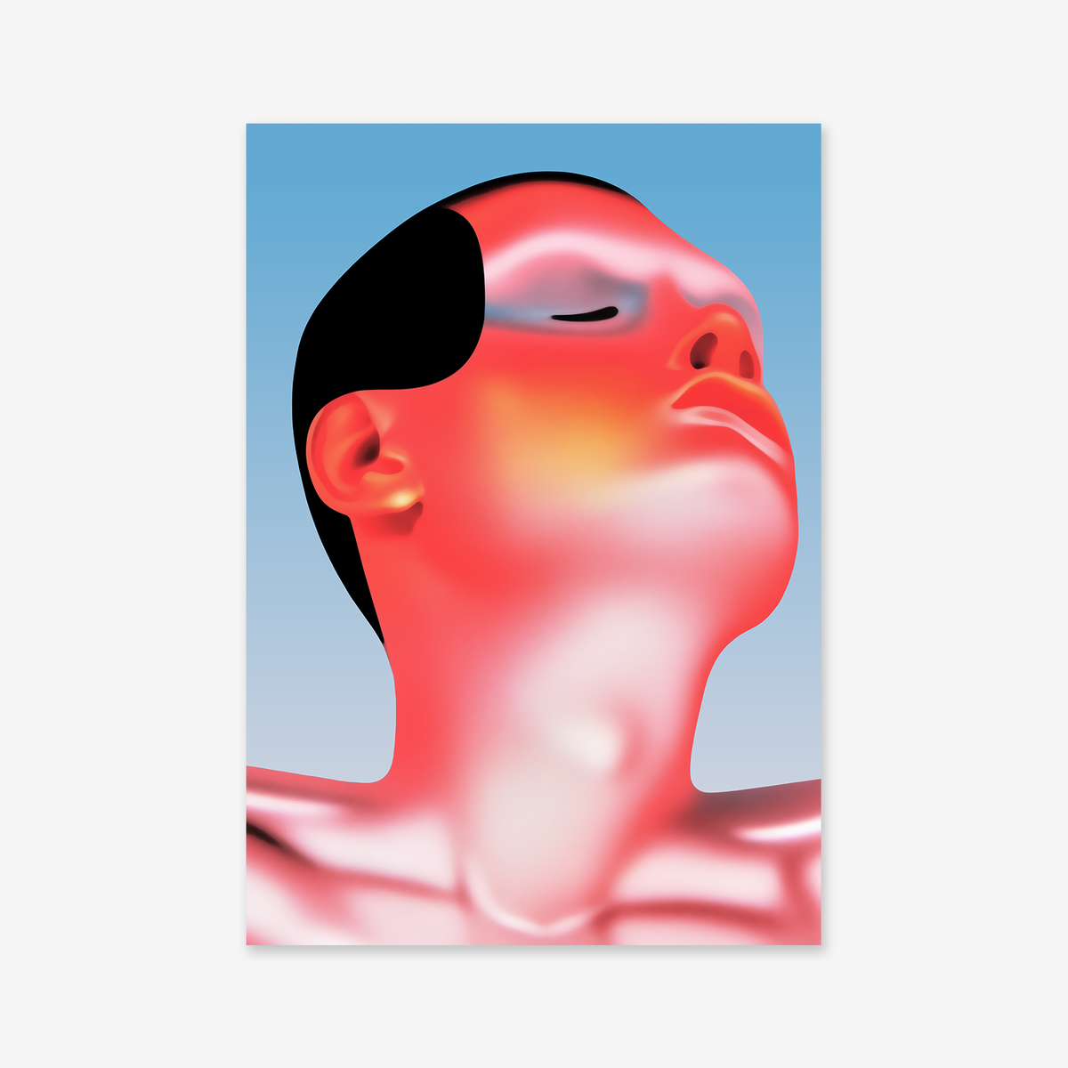 A digital Giclée art print titled "Tanning," featuring a person with vibrant red and pink skin, closed eyes, and head tilted back on a blue gradient background, with smooth, glossy surfaces and abstract shading.