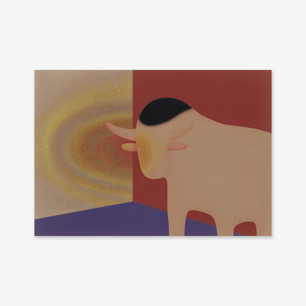 Taurus galaxy: A stylized abstract bull with a beige body and black-topped head stands in a modern room with red and purple walls, accented by a glowing yellow spiral—perfect as a giclée art print.