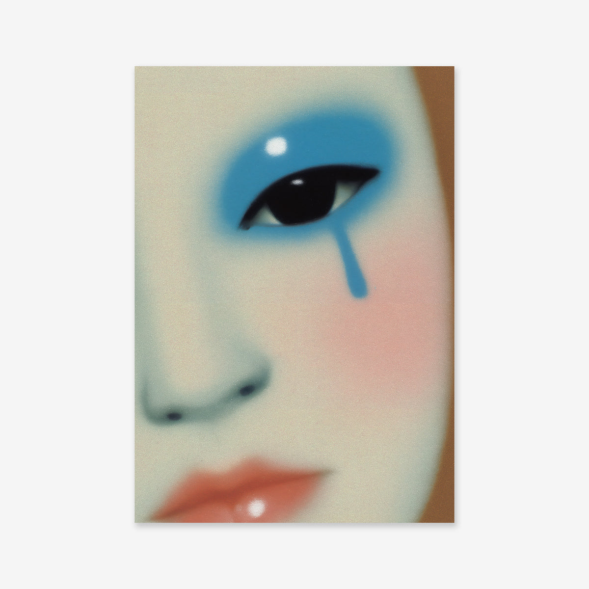“Tear drop” features a close-up of a face with smooth, pale skin, bright blue eyeshadow, a lone blue teardrop, rosy cheeks, and glossy lips—creating a dreamy effect ideal for modern interiors as a giclée art print.