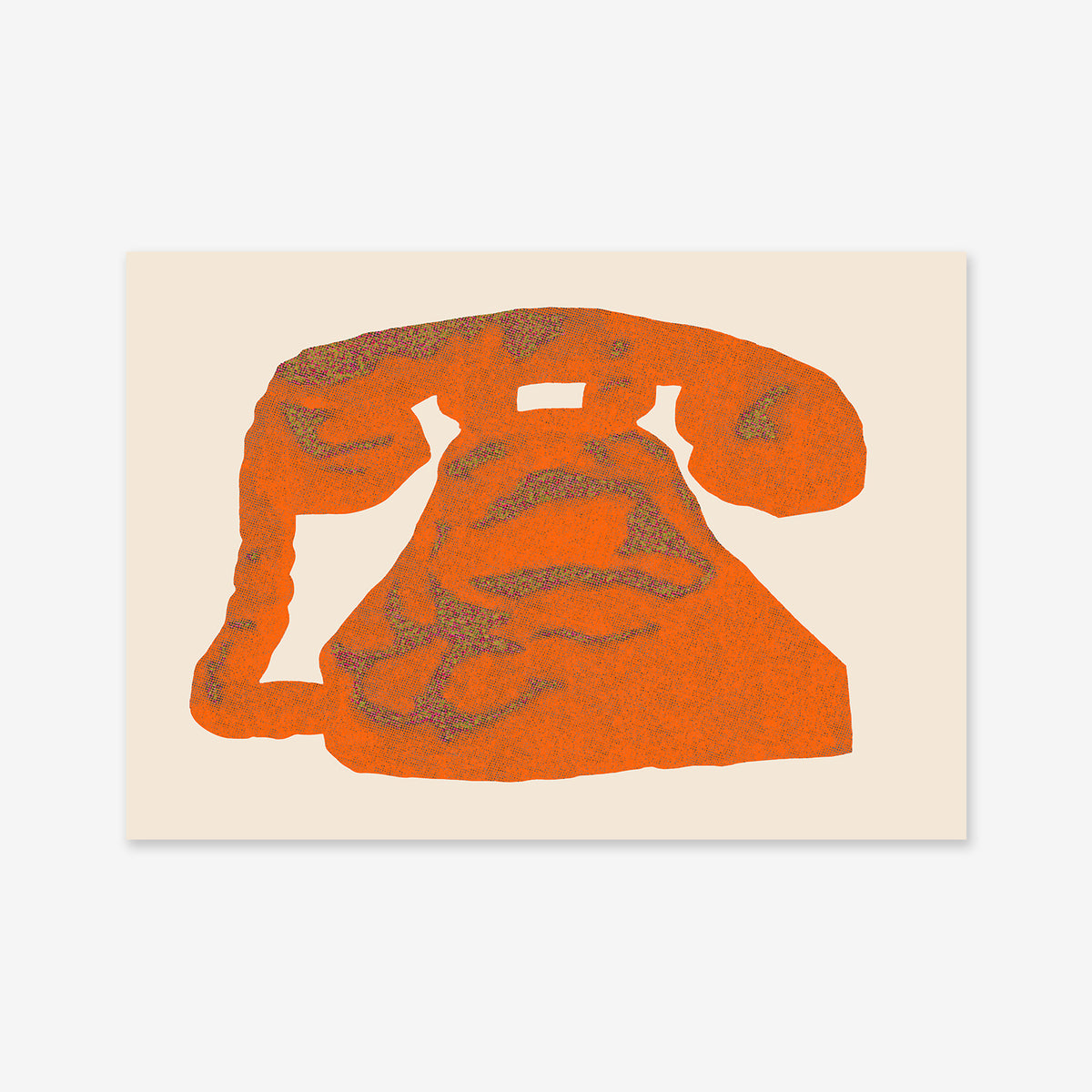 Telephone" is an abstract giclée art print featuring a rotary phone outlined in textured orange on light beige matte archival paper, ideal for modern decor. The old-fashioned phone’s shape lacks detailed features for a minimalist look.