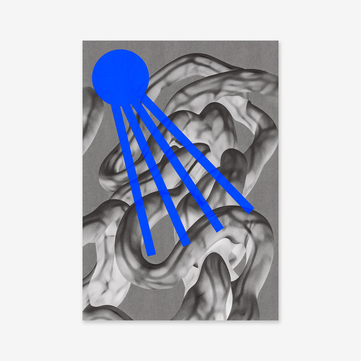 Tentacles No. 2: A striking giclée art print with a large blue circle in the upper left and four blue rays over intertwined gray organic shapes on a gray background—perfect for modern interior decor.