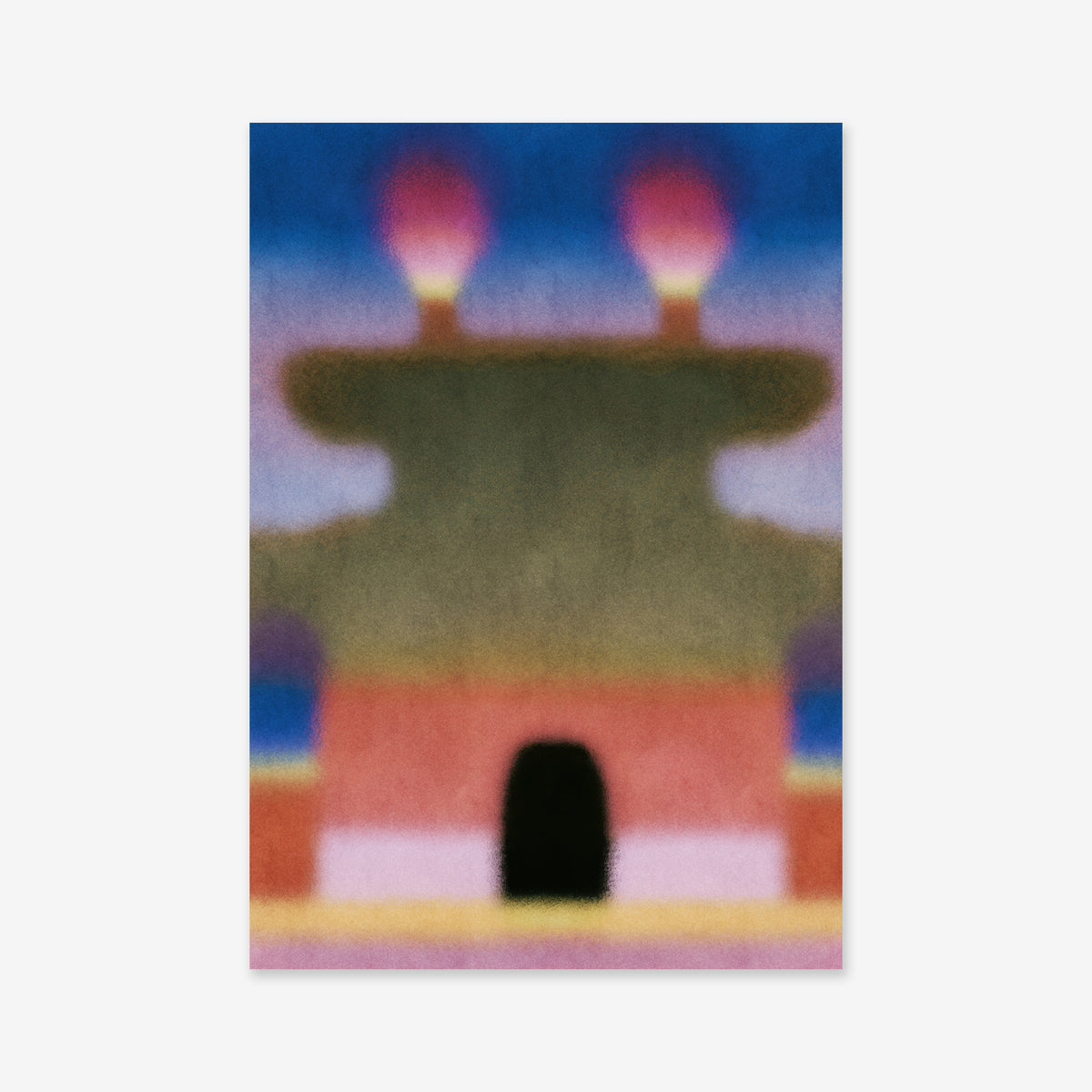 Tera is a soft-focus, abstract Giclée art print featuring a central structure with a dark arched opening and two glowing orange forms, set against a blurred, layered horizon of blue, red, and yellow on archival paper.