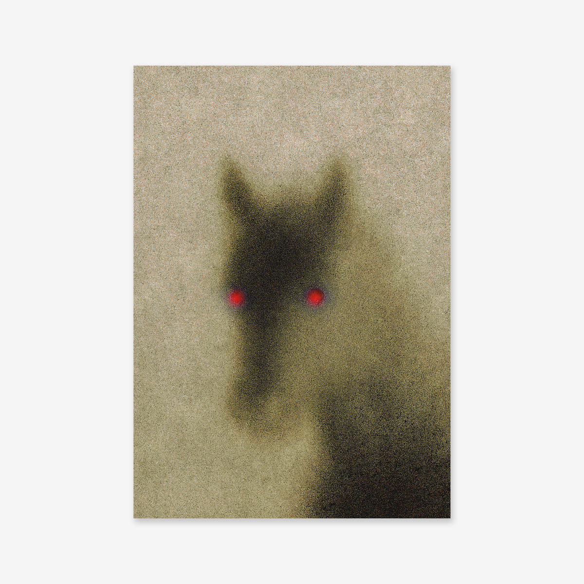 The Haunted horse features a shadowy horse with glowing red eyes on a textured background, creating an eerie vibe—perfect as a giclée art print to bring mystery and intrigue to any contemporary space.