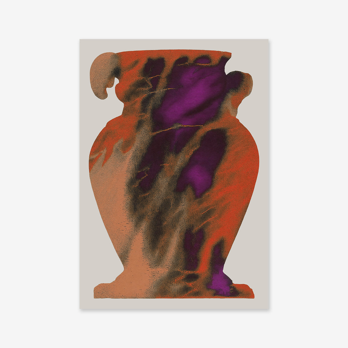 “That ancient glow” is a digital illustration featuring a large classical vase with swirling orange, brown, and purple patterns on a light beige background—perfect as a Giclée art print for modern interiors.