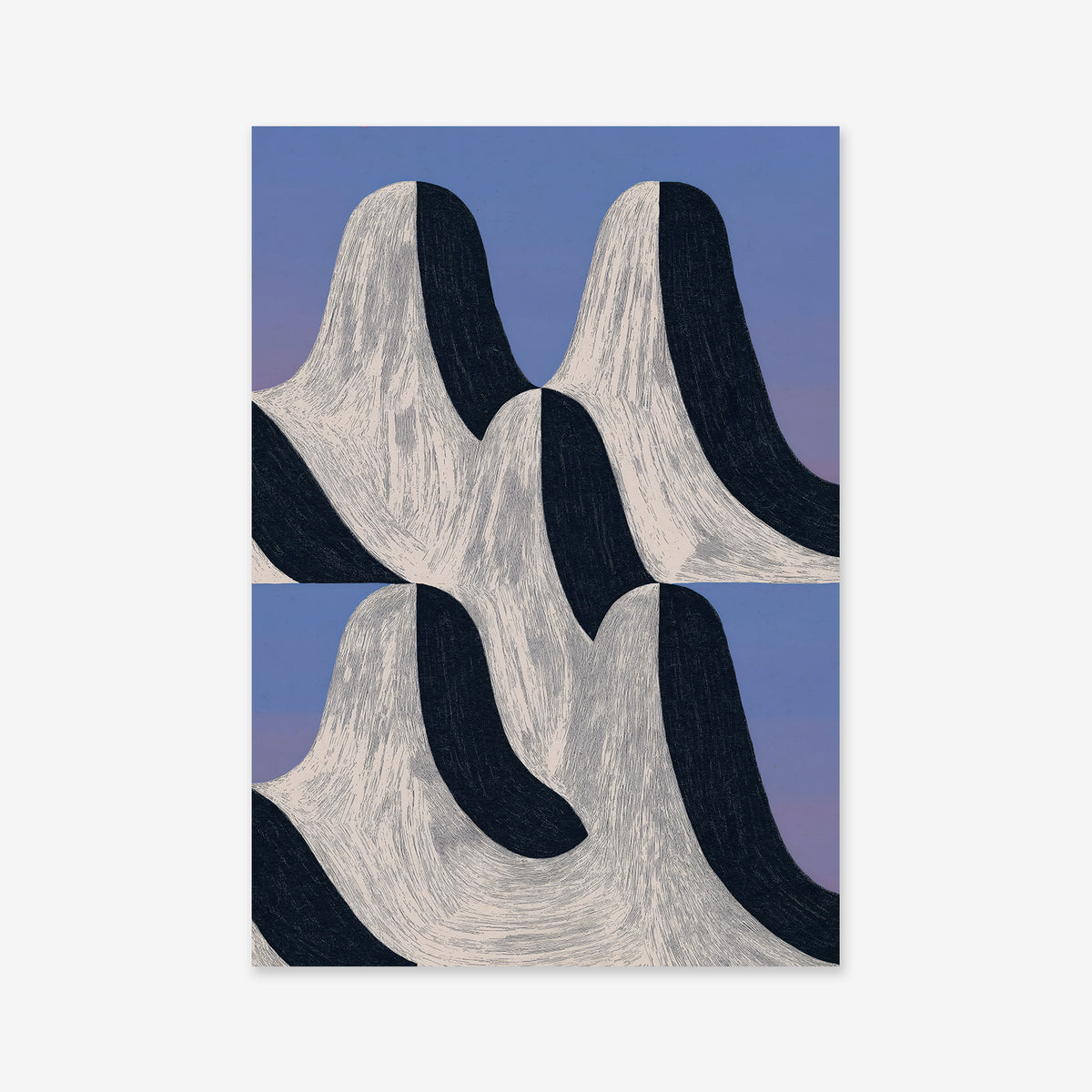 “The Alps” features four mountain-like forms with flowing black and white lines set against a blue-purple gradient. This Giclée art print adds movement and depth, making it an ideal centerpiece for any modern space.