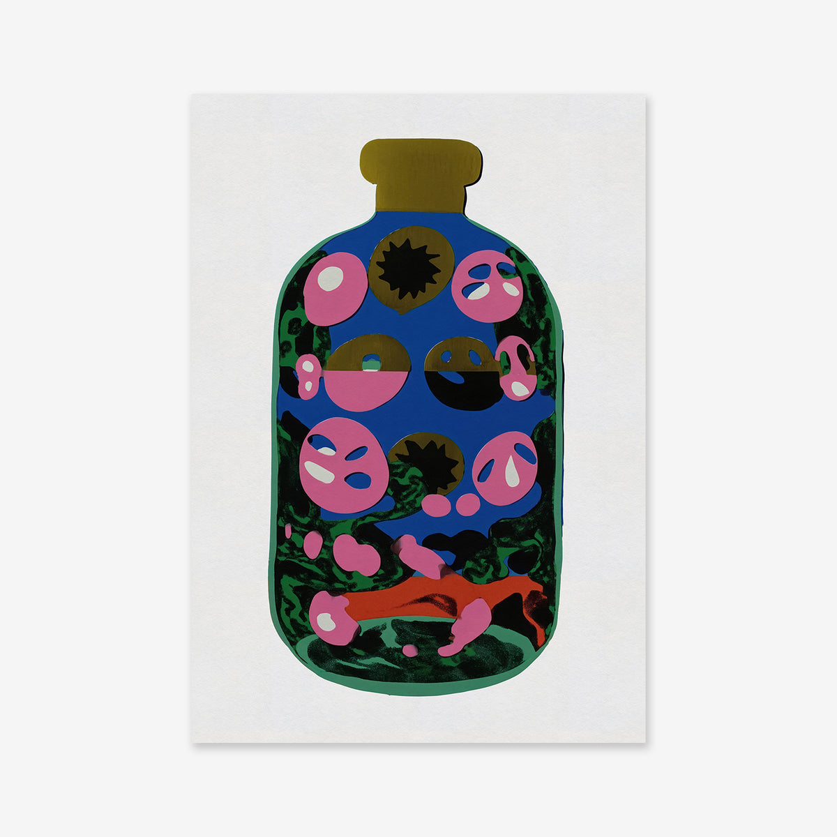 The magic bottle: A stylized illustration featuring abstract shapes and patterns in pink, blue, black, and green within a bottle on a plain white background—ideal as a modern interior giclée art print.
