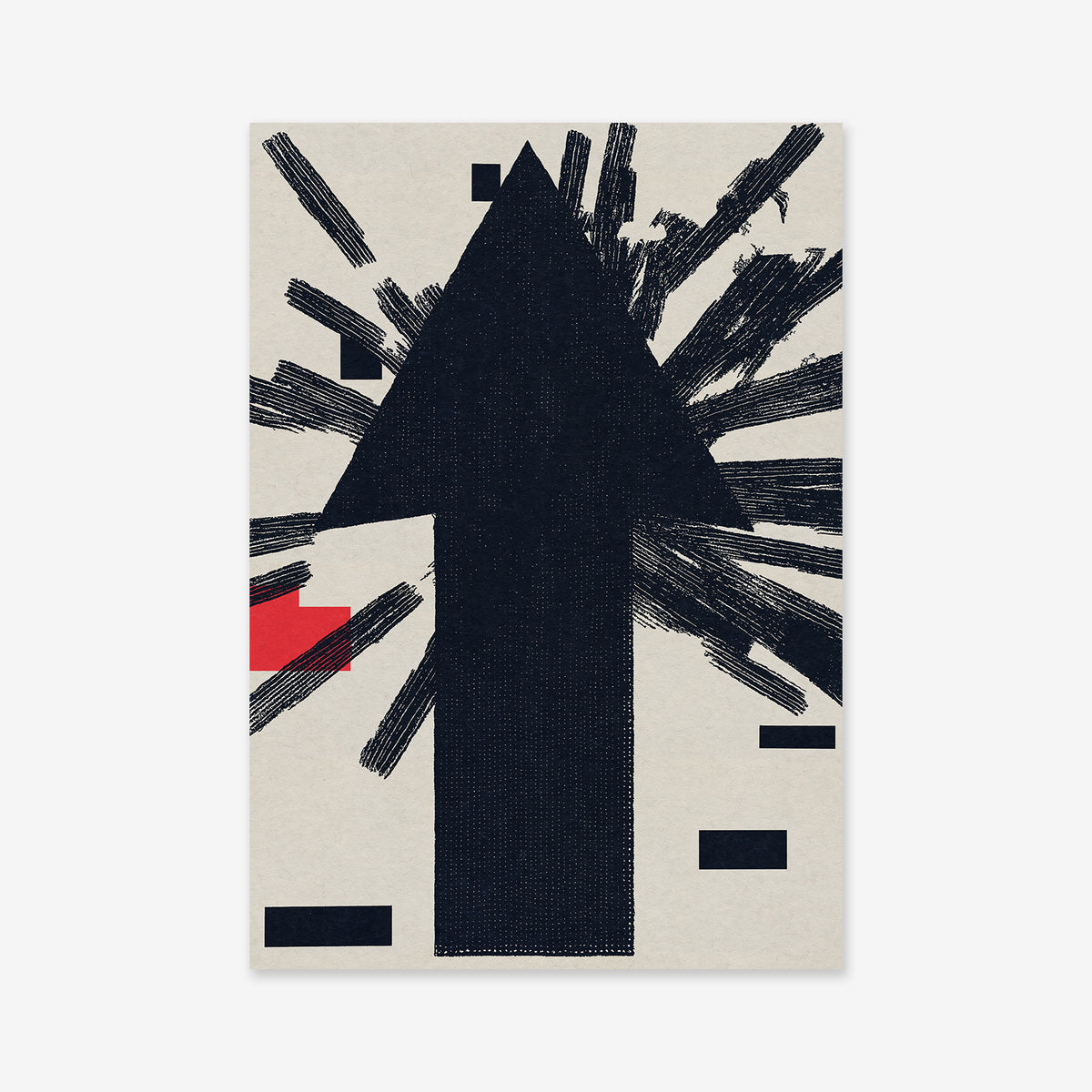 This way up: A bold black arrow rises from a textured light background, framed by dynamic brush strokes and red/black rectangles—ideal as a giclée art print for modern interiors.