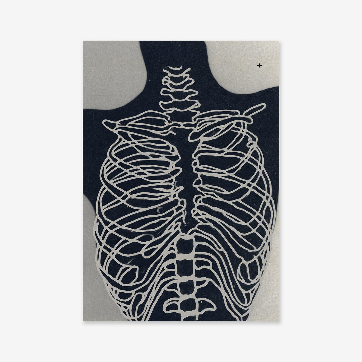 Thorax is a modern giclée art print featuring an abstract white ribcage and spine over a dark background with muted gray organic shapes. Printed on matte archival paper, it adds lasting quality to any contemporary interior decor.
