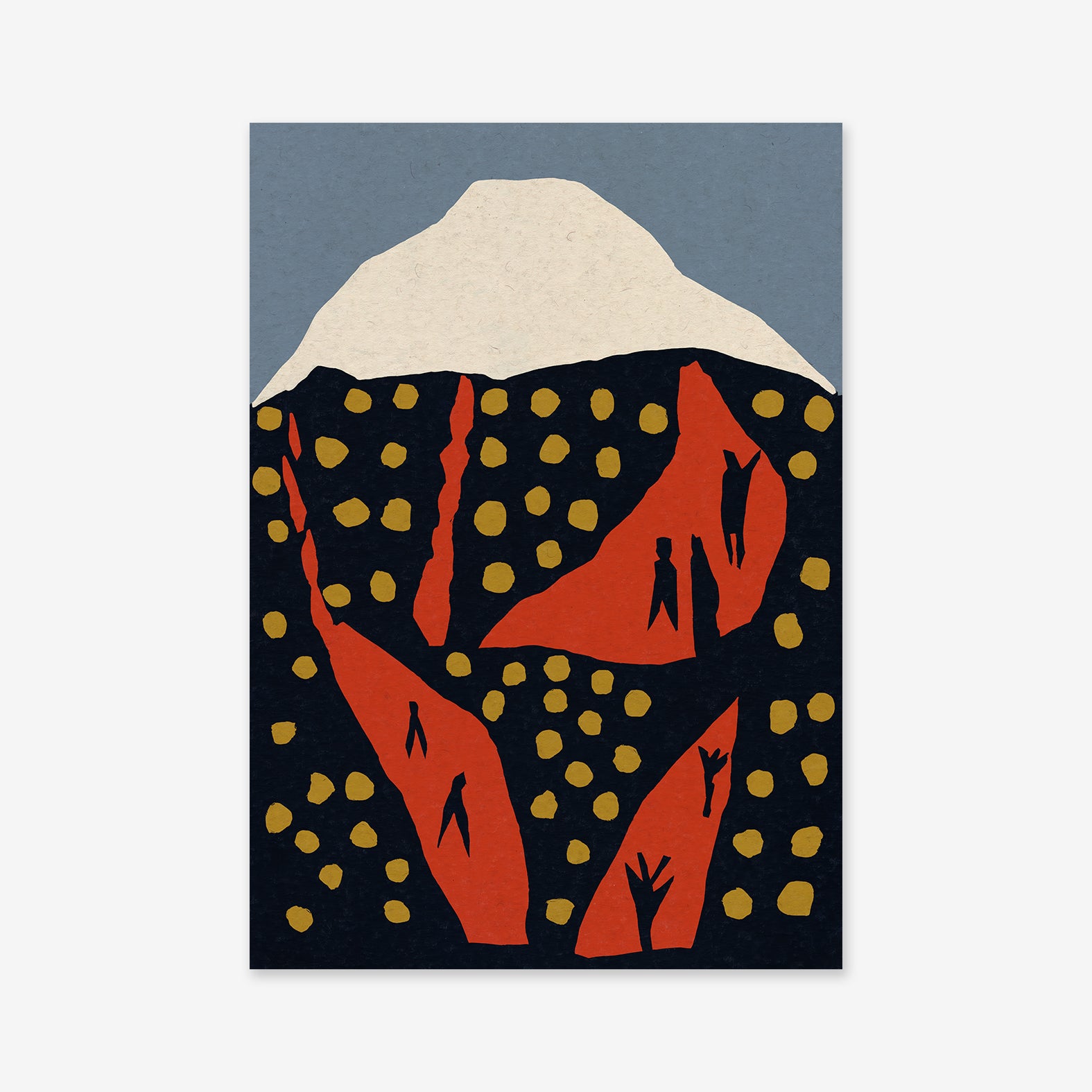 To the top": Abstract mountain illustration featuring a white peak, red crevices, yellow dots, and black stick figures under a blue sky—ideal as a giclée art print for modern interiors.