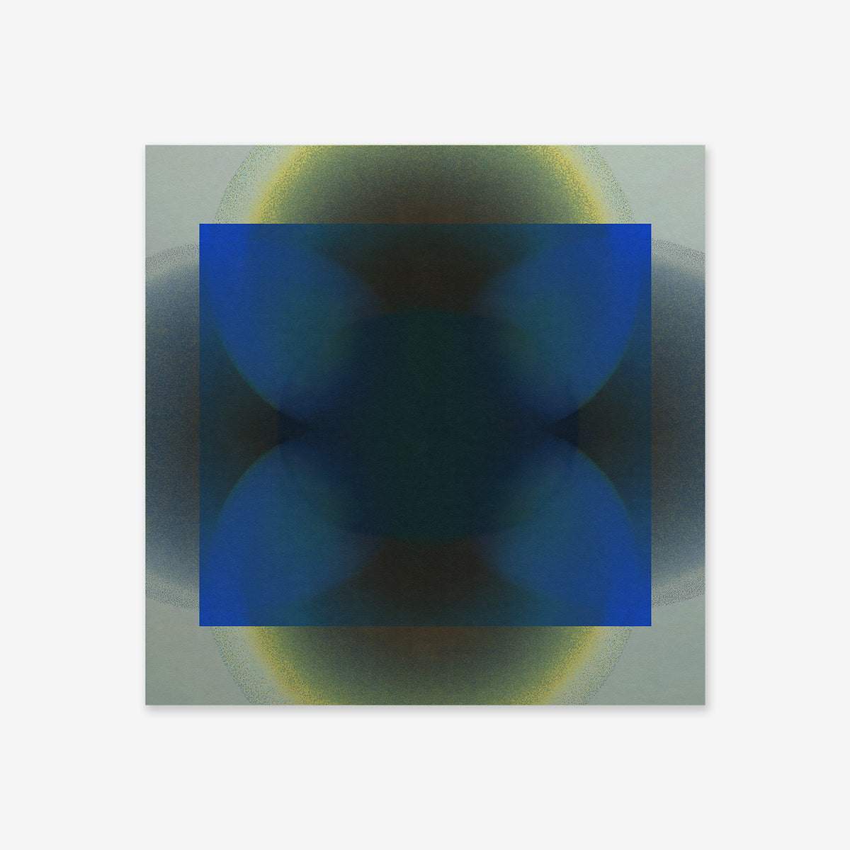 Togetherness: Abstract digital artwork with a blue translucent square over a gradient circle in muted blue, green, and yellow. Modern and symmetrical, it’s perfect as a giclée art print on archival paper or a striking interior statement on light gray.