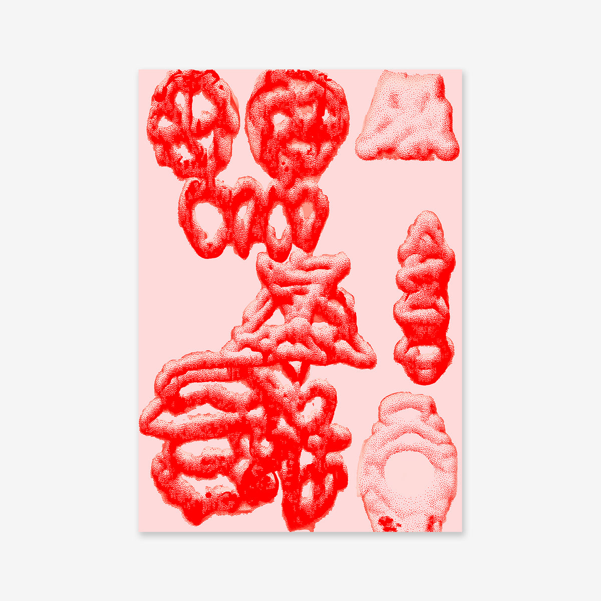 Tough doodles" is a giclée art print showcasing clusters of red, textured, cloud-like forms on a pastel pink background. This abstract artwork adds a vibrant, organic accent to any modern interior.