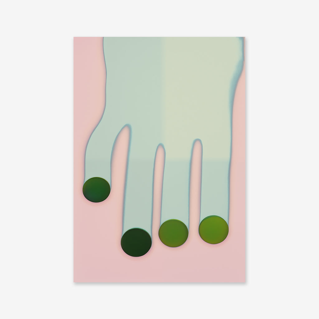 Tracing No. 1 is a giclée art print of an abstract four-fingered hand in light blue on a pink background, with green gradient circles on each fingertip—a surreal, modern artwork ideal for contemporary interiors.