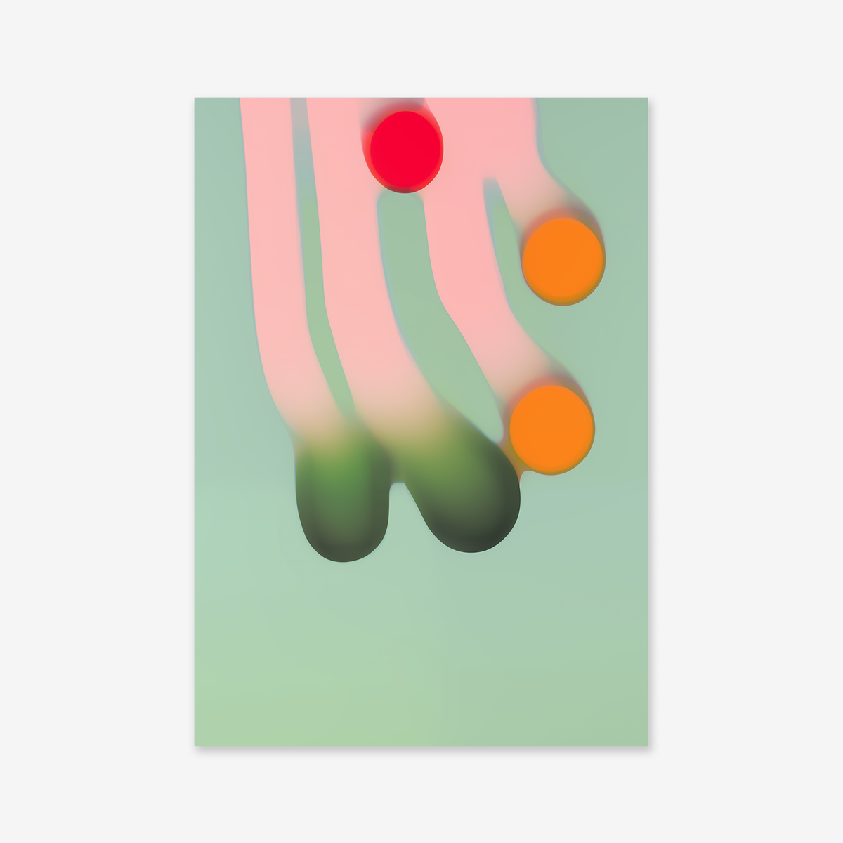 “Tracing No. 2” is a giclée art print featuring three vertical pink streaks blending into dark green shapes, each crowned by a red or orange circle, all set against mint green—perfect for modern interiors.