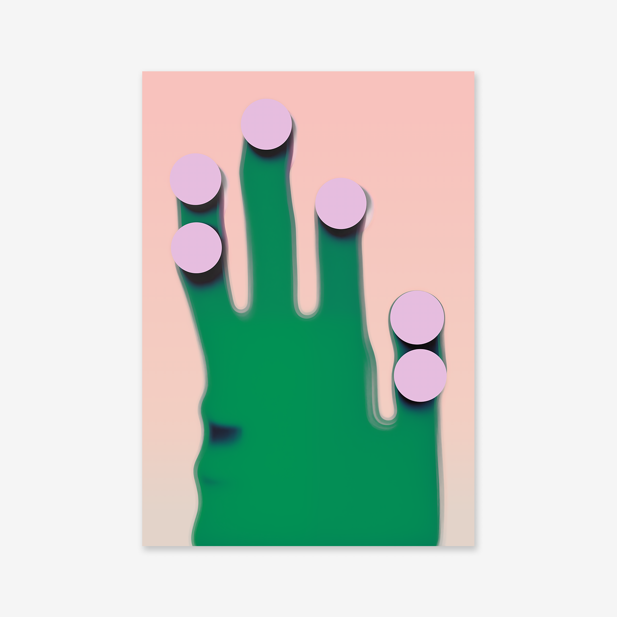 Tracing No. 3 features a green five-fingered hand with light purple discs on each fingertip against a pink gradient. This minimalist, abstract image is ideal as a giclée art print to enhance any modern interior.