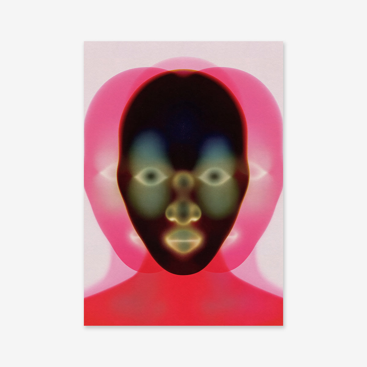 Transcending" is an abstract digital artwork featuring a human face with dark central features, surrounded by translucent pink and red shapes on a light background—perfect as a Giclée print for any modern interior.