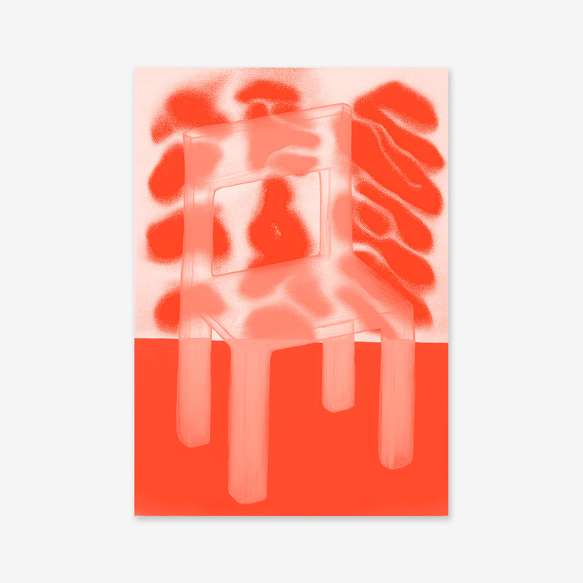 The "Transparent chair" digital illustration features a red-tinted, translucent chair on a two-tone backdrop. Ideal as a Giclée art print, its abstract wavy shapes and solid red base bring modern sophistication to any interior.