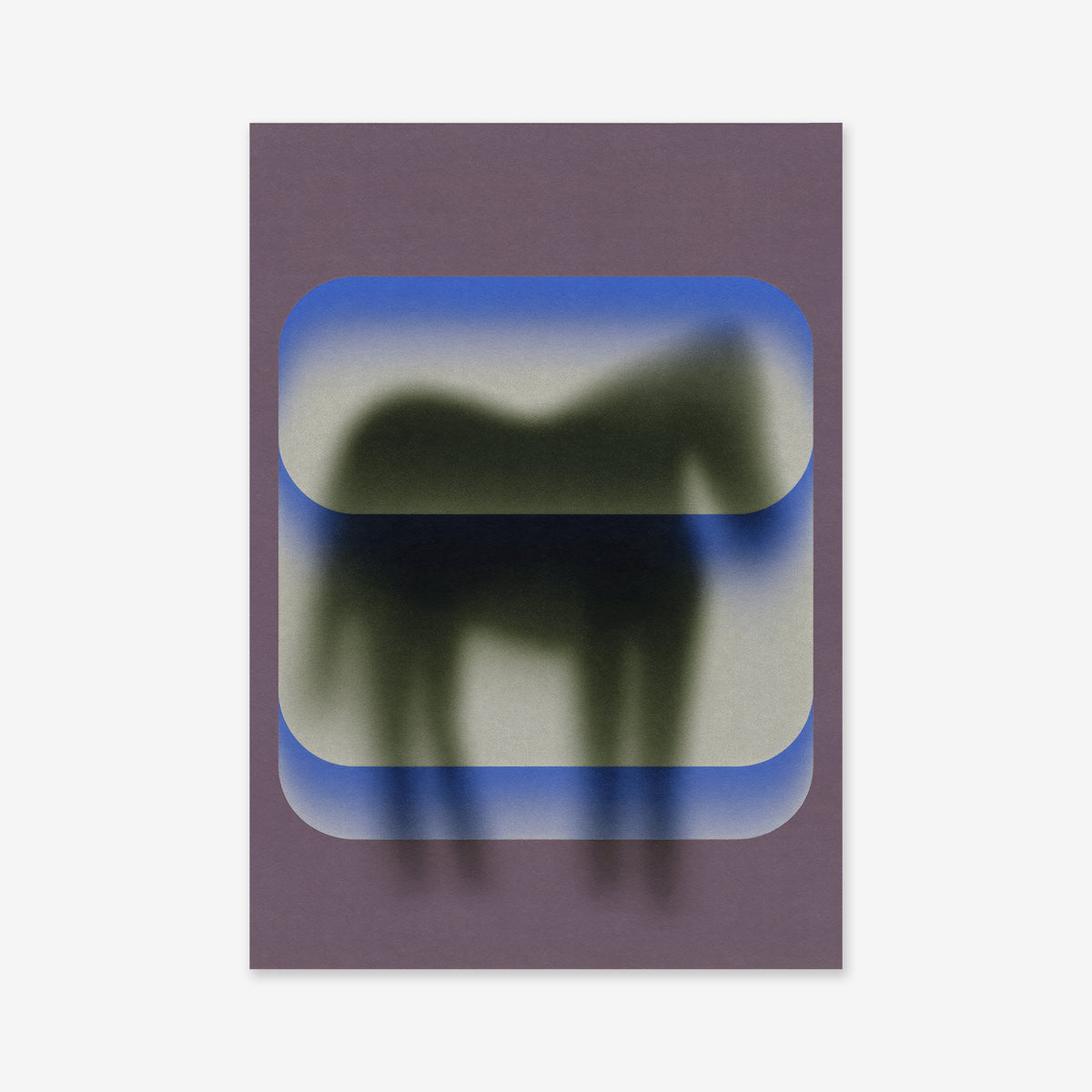 Trapped horse features a blurred black silhouette of a horse set against a gradient backdrop with rounded blue-edged rectangles, creating an abstract, dreamy look—ideal as a Giclée art print for modern interiors.