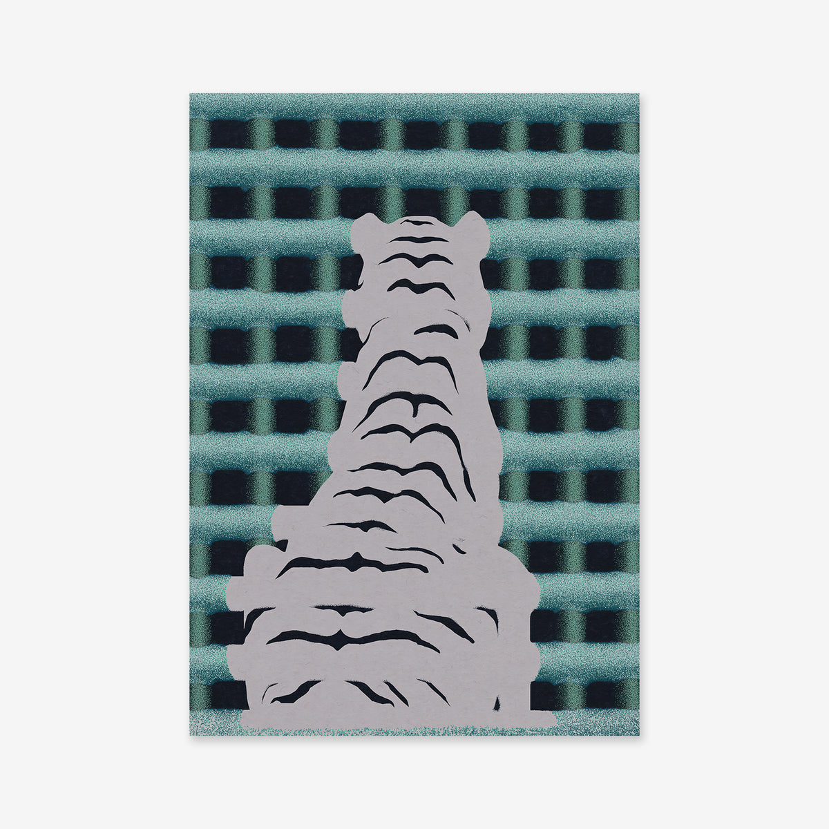 Trapped Tiger"—a Giclée art print featuring a stylized white tiger with black stripes seen from behind, set against a teal and black grid background. This striking artwork adds a bold touch to modern interiors.
