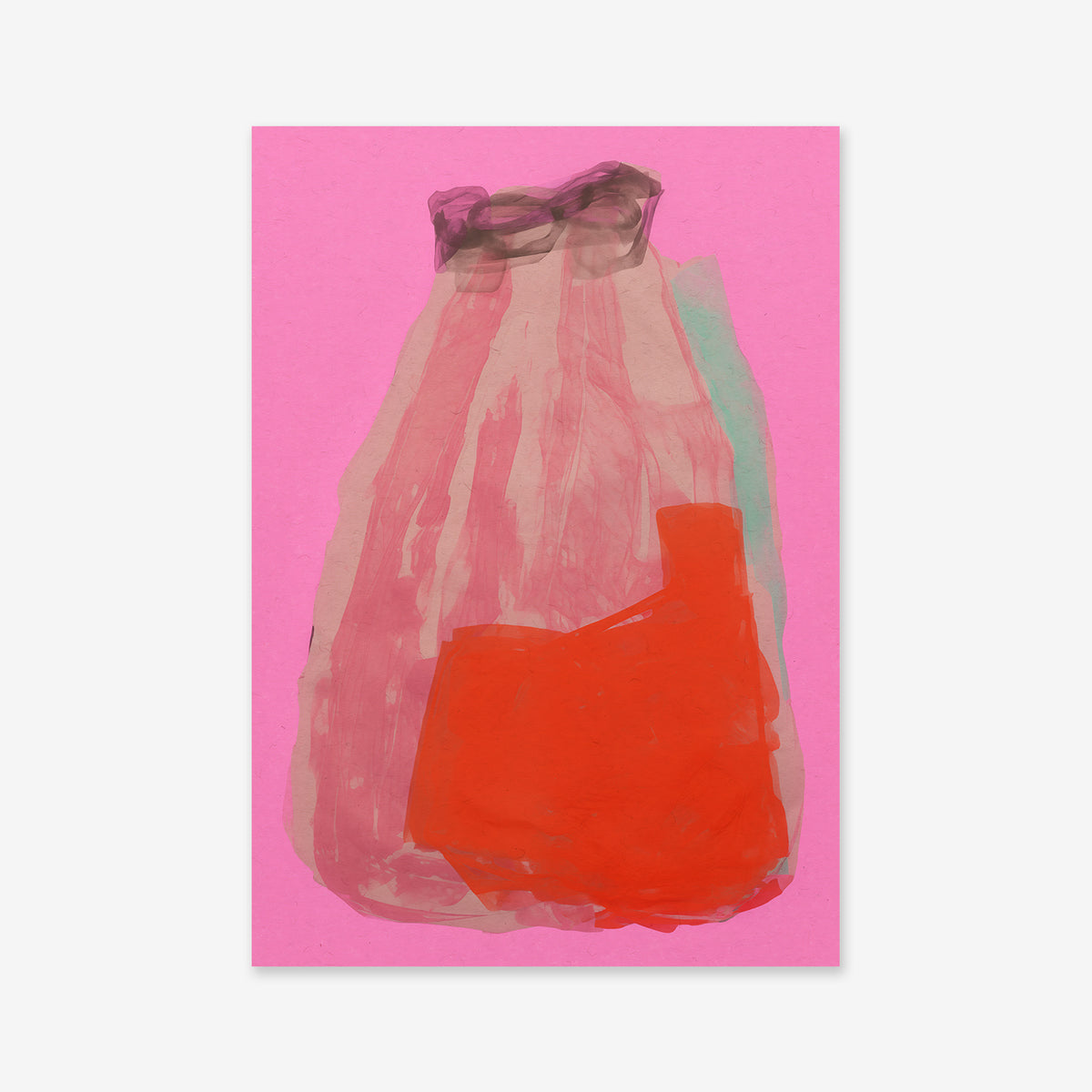 Trash bags No. 2 is an abstract painting on a pink background with a bold red shape, beige and brown brushstrokes, and a hint of green—perfect as a giclée art print on matte archival paper for modern interiors.