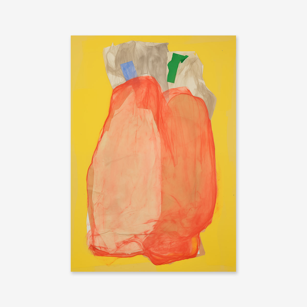 Trash bags No. 1: Abstract artwork with a vivid yellow background and bold organic shapes in peach, red, beige, blue, and green—this energetic Giclée art print enlivens any modern space.