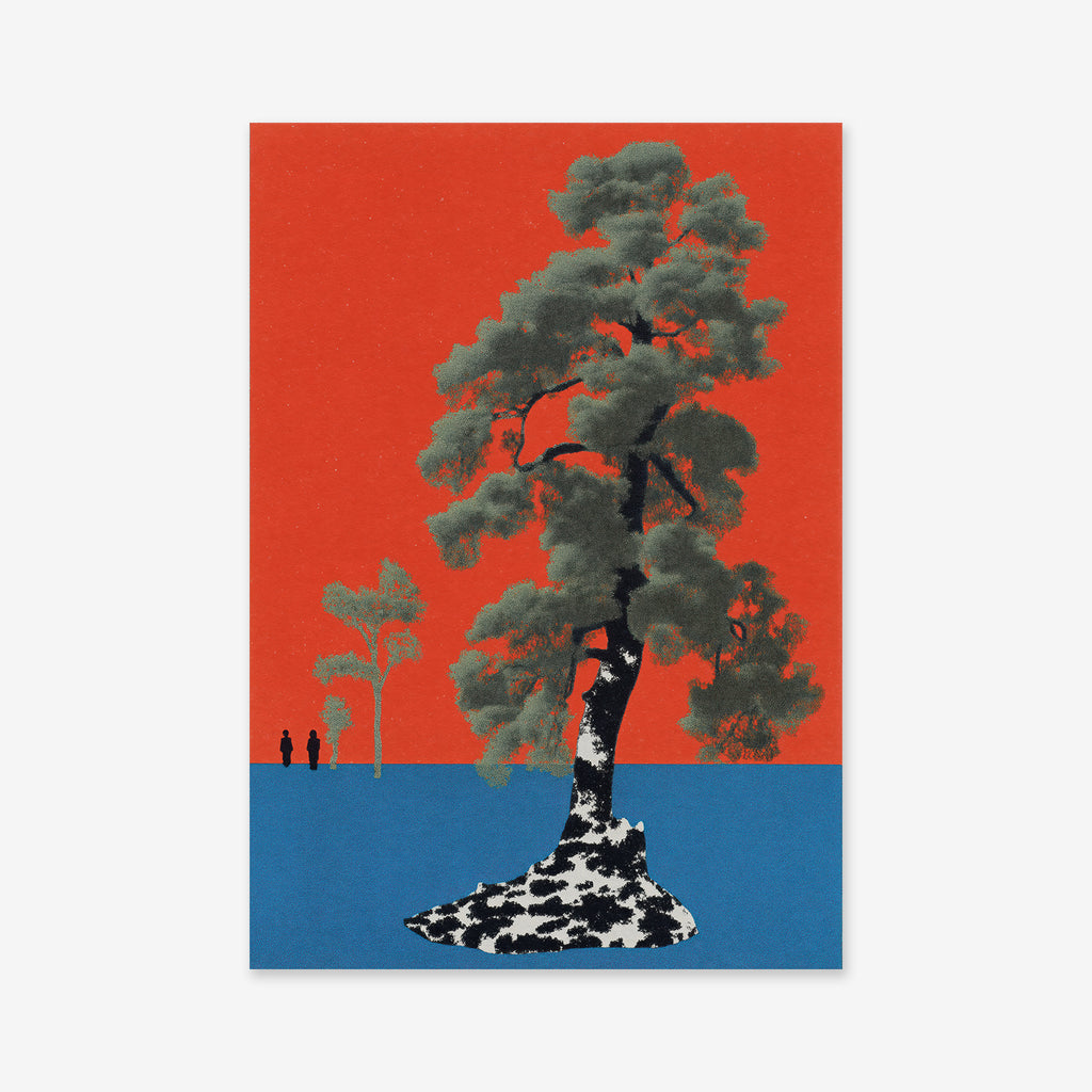 Tree far away" is a striking Giclée art print featuring a large tree with a dark trunk and green foliage on blue ground beneath a vivid red sky, with smaller trees and tiny human figures adding depth—perfect for modern interiors.