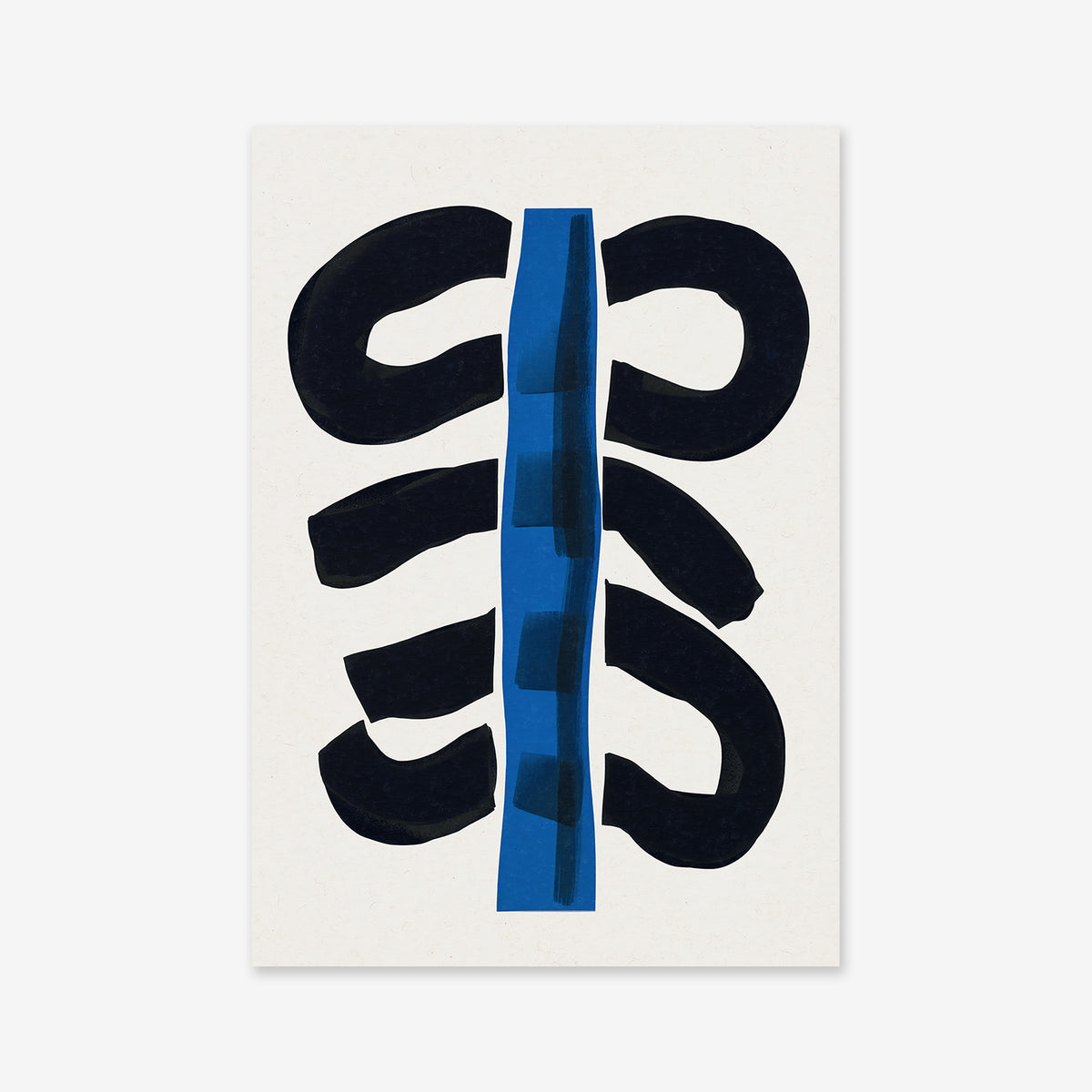 Tree of strokes No. 6 features bold black curved shapes flanking a vertical blue stripe on a white background, resembling a stylized ribcage or spine—an ideal giclée art print to enhance any modern interior.