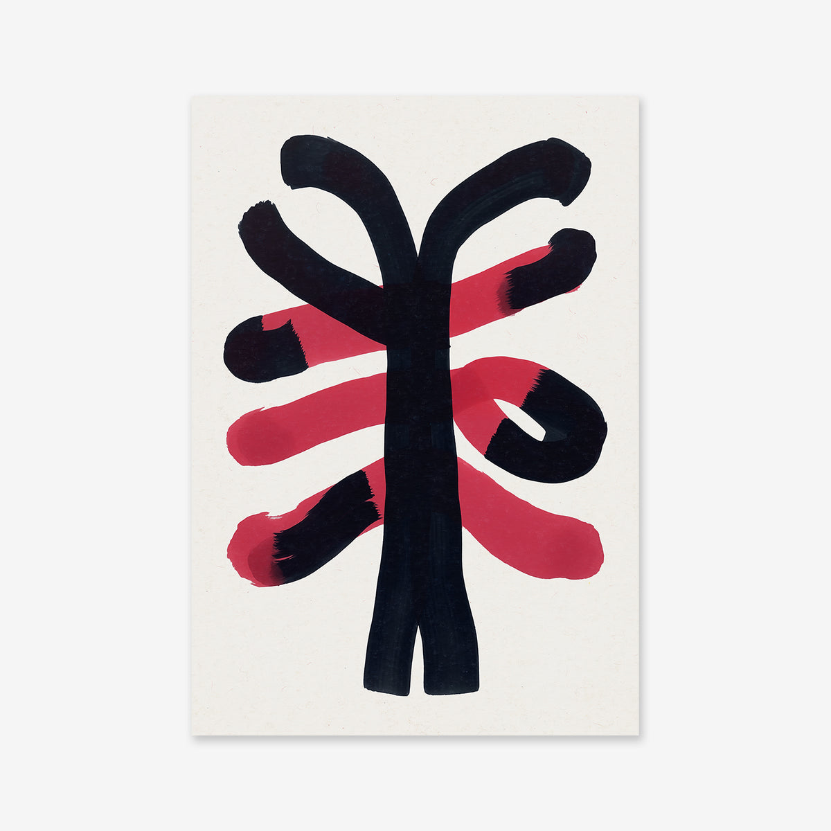 “Tree of strokes No. 7” showcases bold black brushstrokes forming a vertical, branching design, intersected by two wavy red lines on white—an eye-catching giclée art print ideal for enhancing modern interiors.