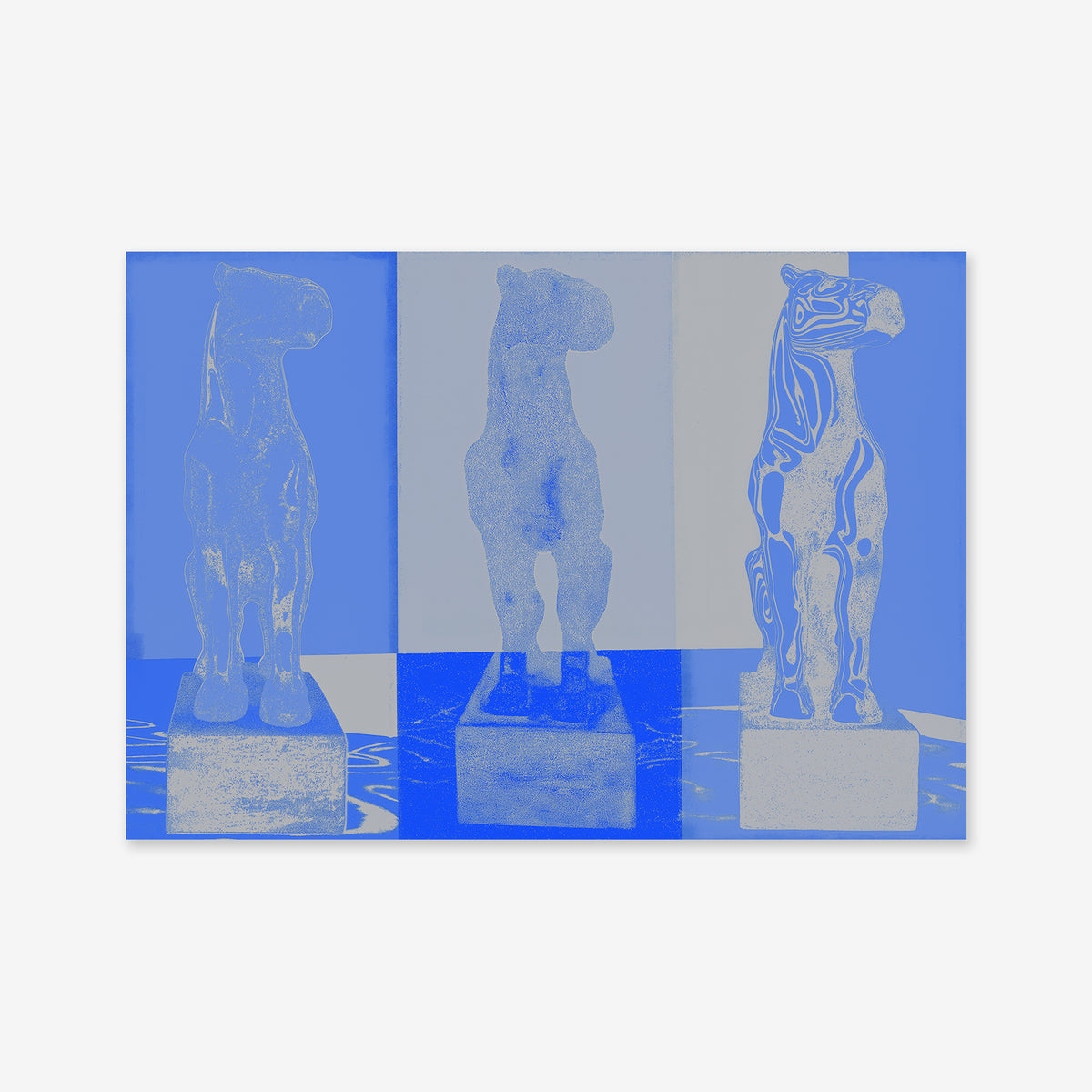 Triple horsie is a giclée art print featuring three stylized horse statues in blue and gray on rectangular pedestals. Each statue has a distinct artistic style, making this piece perfect for modern interiors.