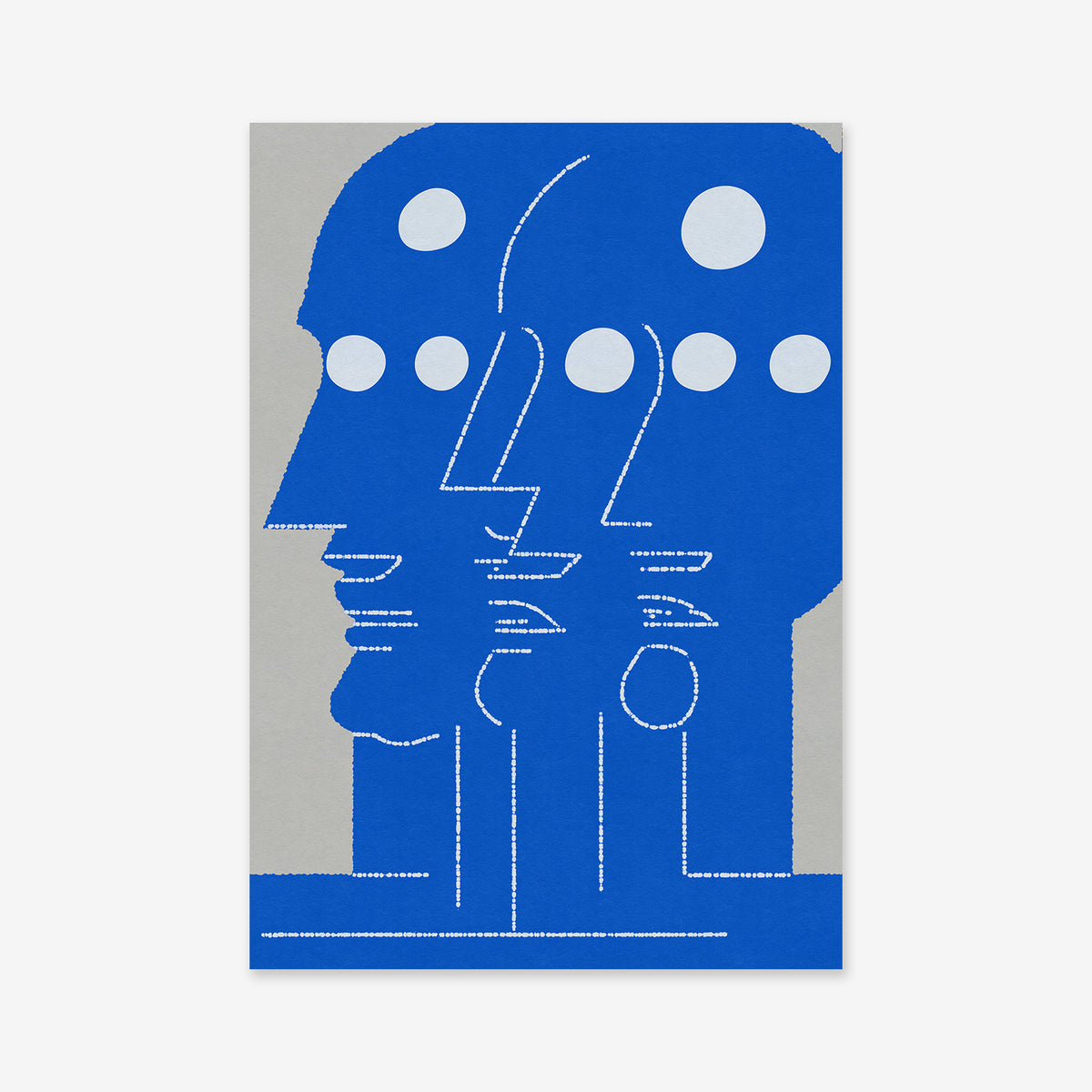 Triplets is a minimalist giclée art print on archival paper, featuring three overlapping blue human profiles with white dots forming a line across their heads on a gray background—an ideal addition to any modern interior.
