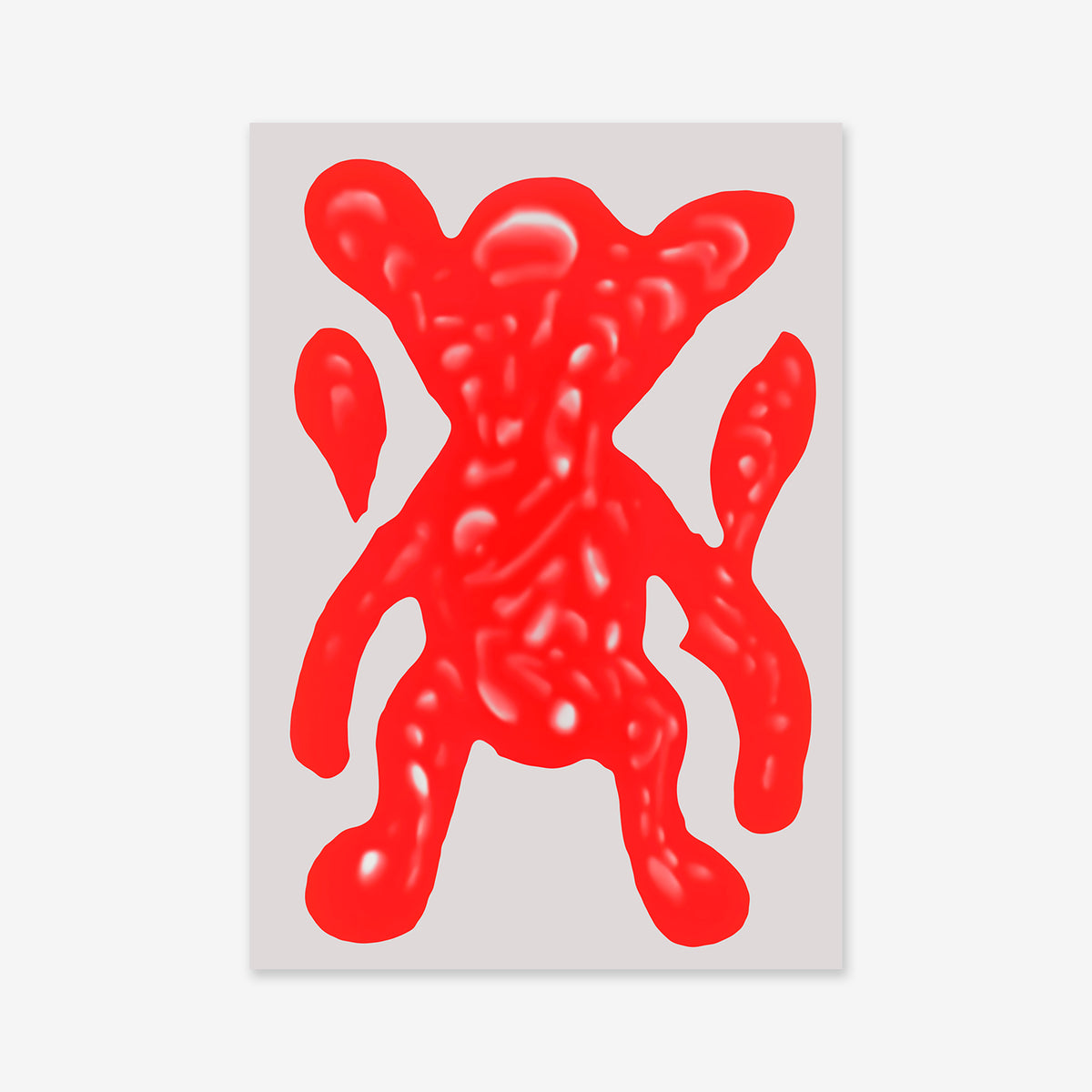 “Troll” is an abstract artwork of a shiny, bright red, blob-like figure with four limbs and ear-like shapes on white—ideal as a giclée art print for modern interiors.