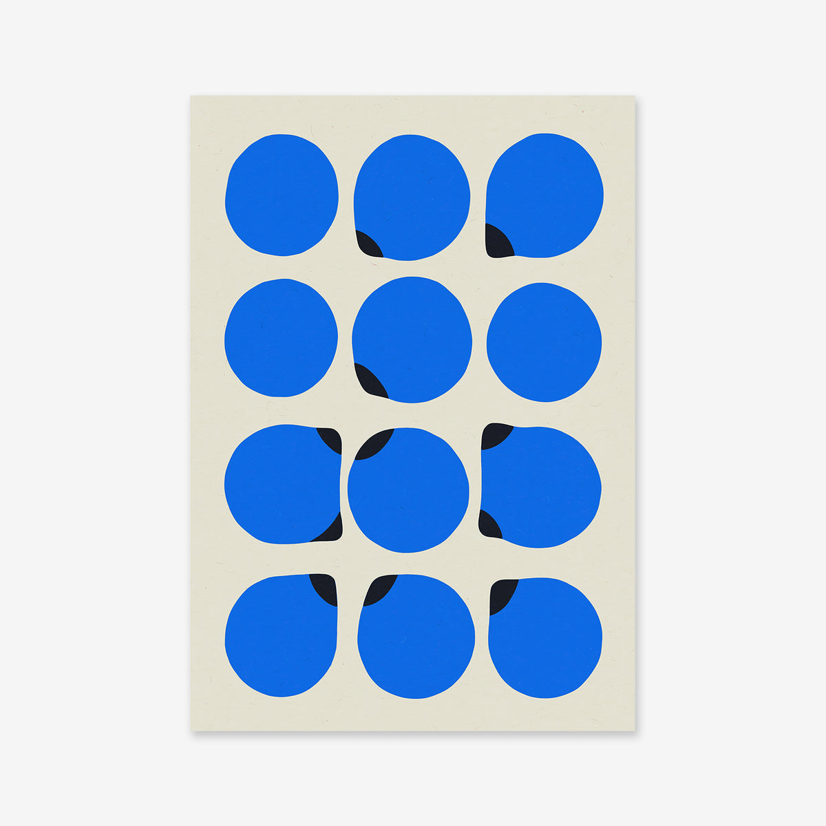 A grid of twelve blue circles, each edged with an irregular black shape on white, forms the minimalist design "Trying to connect - Blue"—a unique poster or giclée art print on archival paper.
