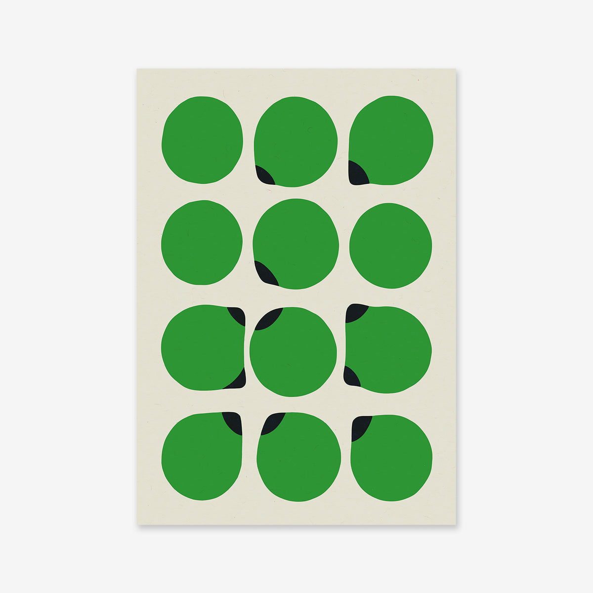 Trying to connect - Green: A grid of twelve green circles, each with a unique black crescent on a beige background. Available as a giclée art print—perfect for adding subtle style to any modern interior.