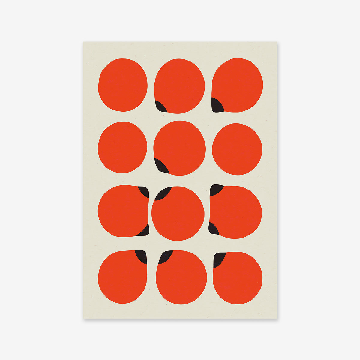 “Trying to connect – Red” is a minimalist giclée art print featuring a 3x4 grid of bold red circles with playful black crescent accents on white—a striking abstract for any modern space.