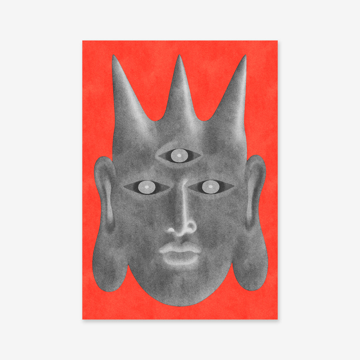 Tertium oculus is a textured gray Giclée art print of a crowned face with three eyes against a solid red background.