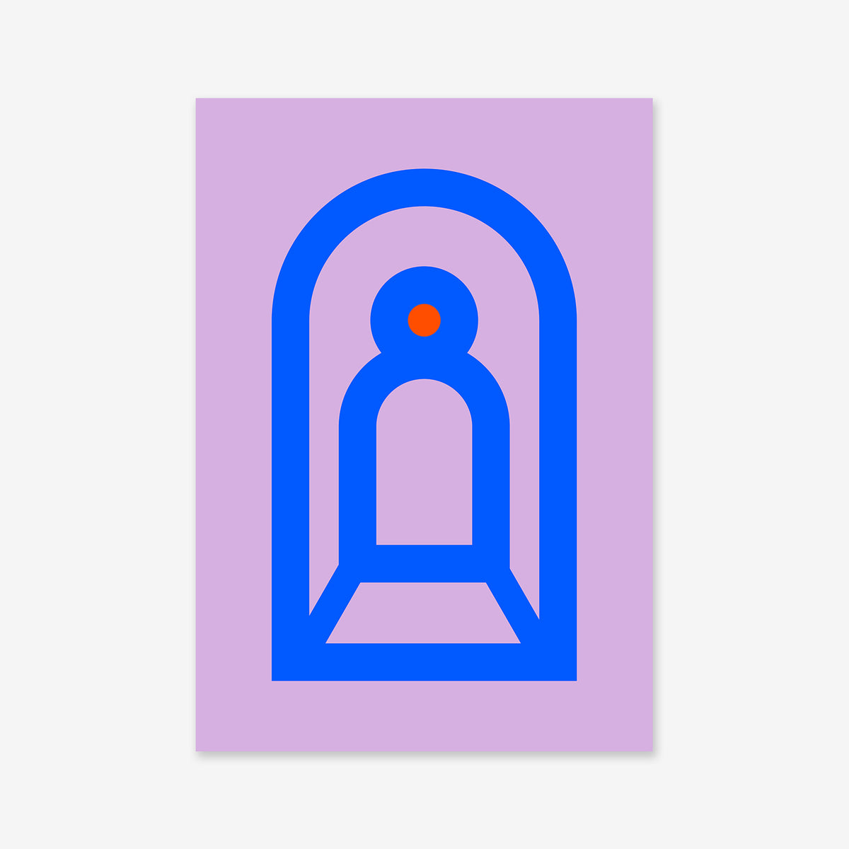 Tunnel No. 1 is a minimalist abstract giclée art print featuring a blue geometric archway and stylized figure with an orange circle head on a purple background, printed on premium archival paper—ideal for modern interiors.