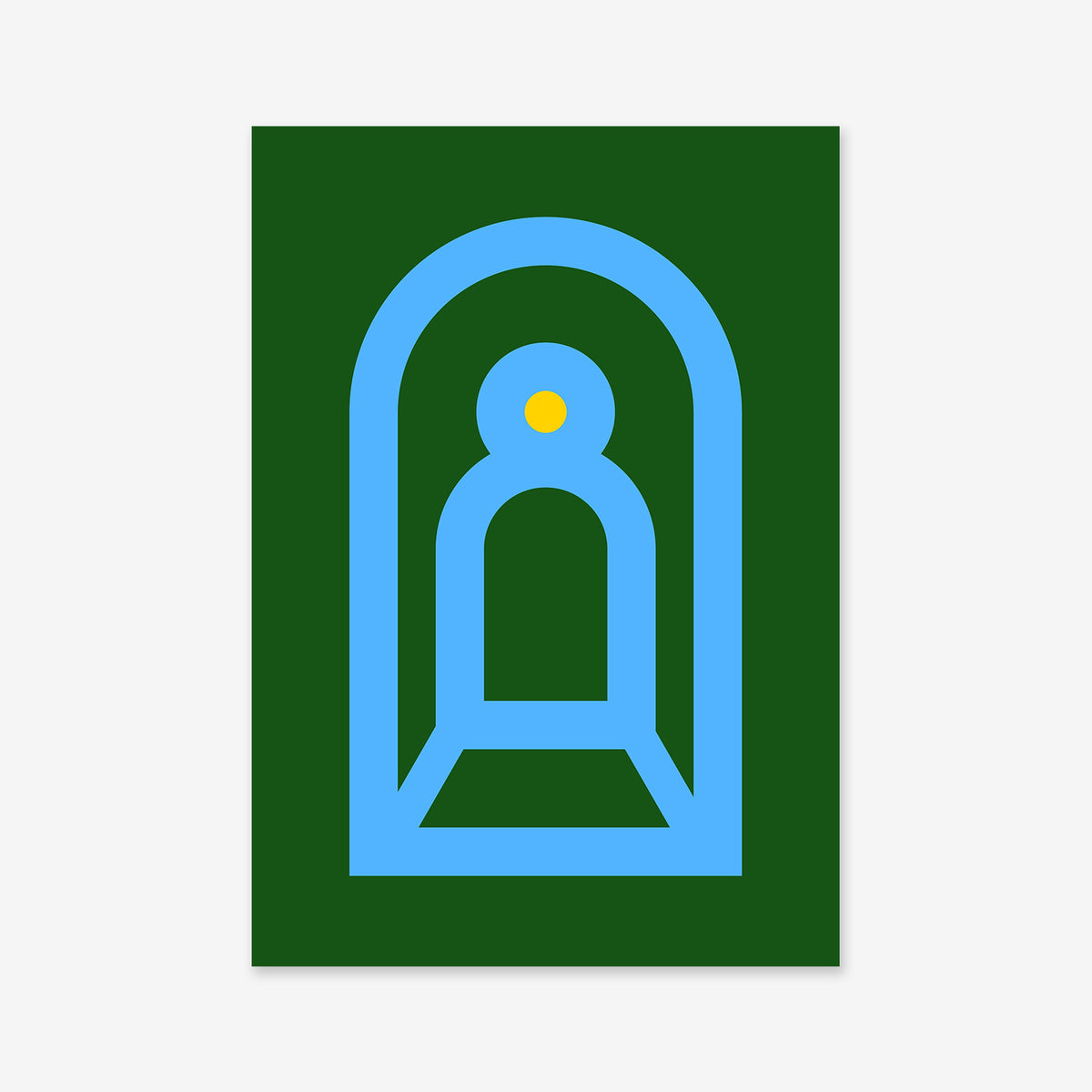 Tunnel No. 4 is a minimalist giclée art print featuring a blue archway and geometric shapes forming a stylized figure with a yellow circle head on a dark green background—ideal for any modern interior.