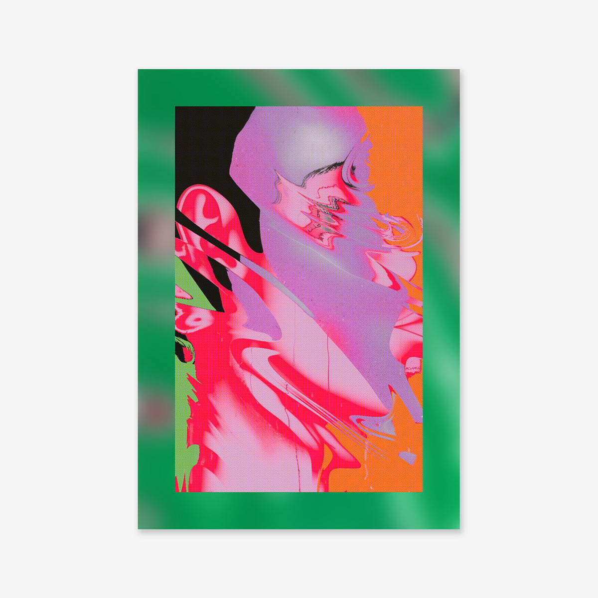 Turbulence" is an abstract digital artwork with distorted pink, red, and orange facial shapes on a black and orange background with a blurred green border. Ideal as a Giclée art print to enhance any modern interior.
