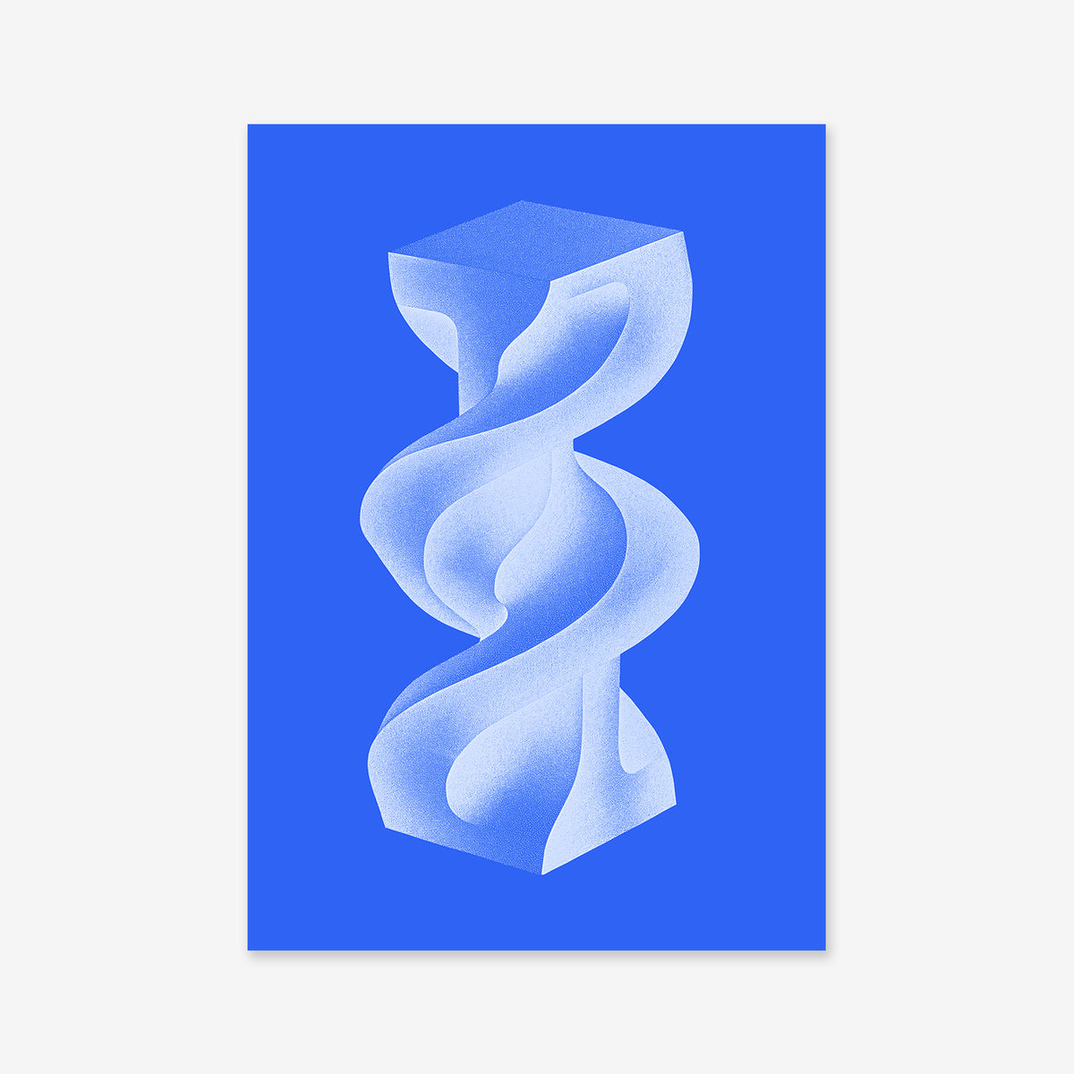 Twist" features a blue and white abstract 3D form resembling a twisted column, centered on a solid blue background. Ideal as a Giclée art print, its dynamic curves and edges add energy and depth to any modern interior.