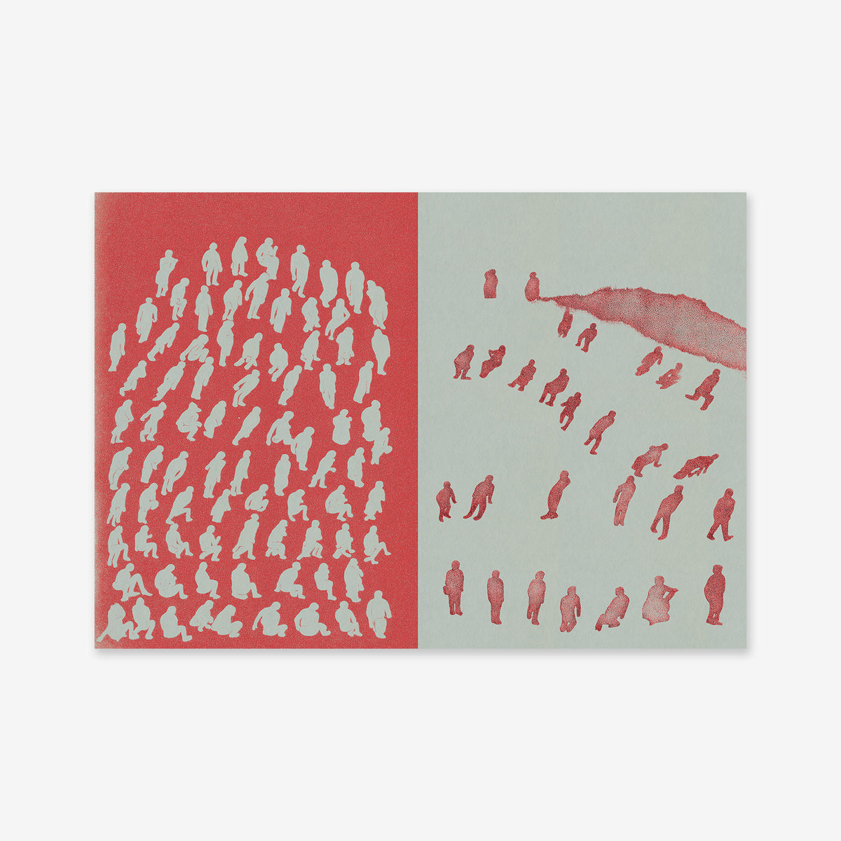 Two worlds" features a split image: left side red with white silhouettes of people, right side light gray-green with scattered red figures and a smudge—ideal as a giclée art print for modern interiors on archival paper.