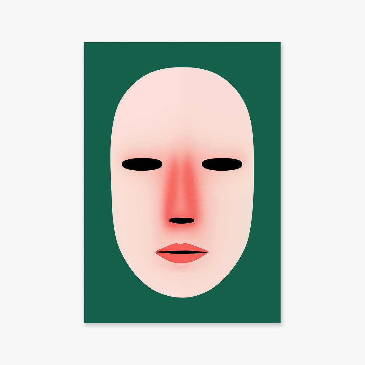 Unknown" features a minimalist illustration of a pale, expressionless mask with black eye slits and red blush, set against a dark green background—ideal as a Giclée art print on archival paper for modern interiors.