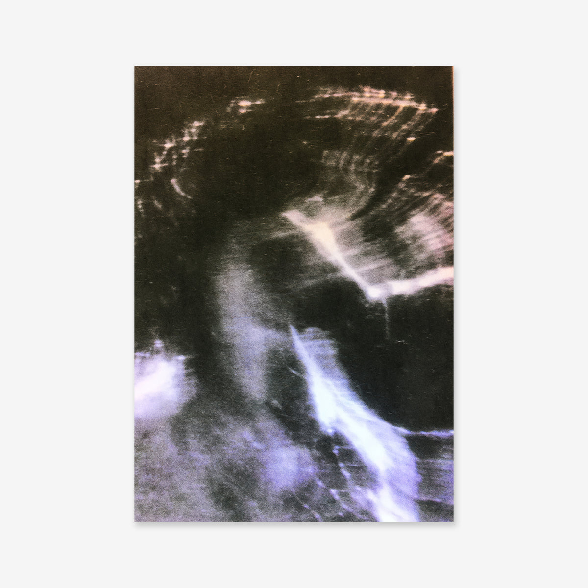 Untamed is an abstract, blurry black-and-white giclée art print featuring streaks of white and faint purple light.