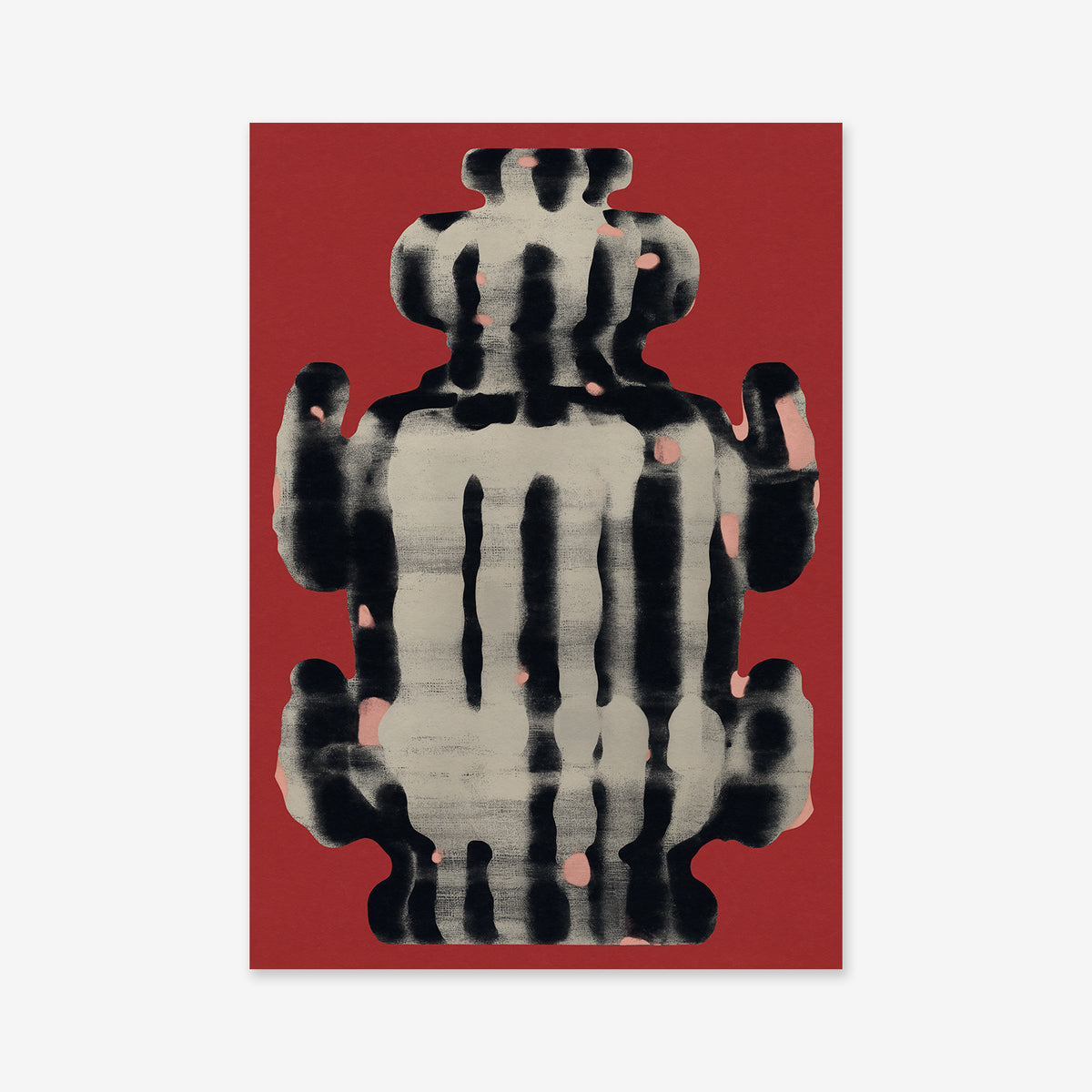 Urn it No. 1 is an abstract painting with a symmetrical, inkblot-like shape in black and gray vertical stripes with touches of pink on a bold red background—ideal as a giclée art print for any modern space.