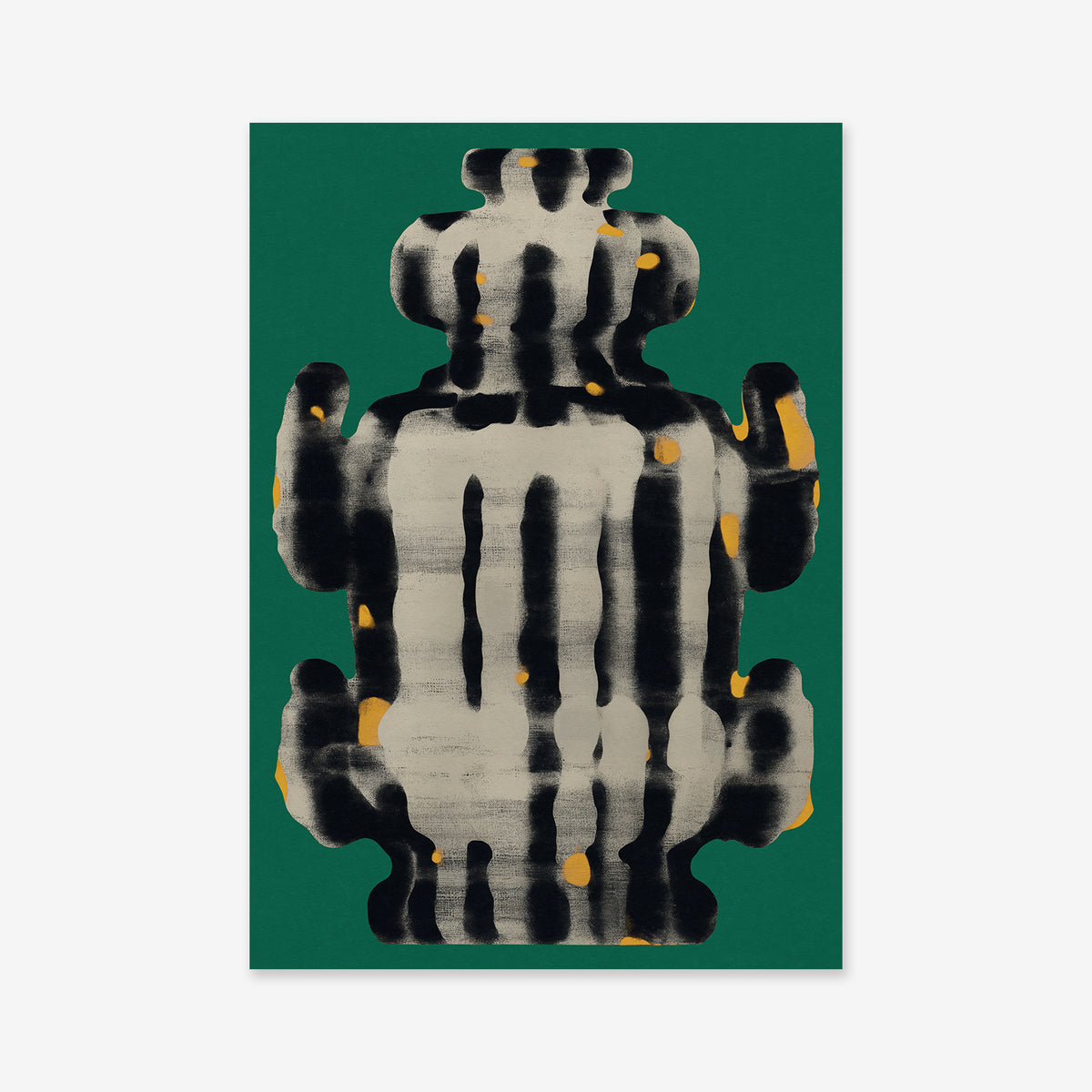 Urn it No. 3 features an abstract shape with black vertical stripes and orange spots on beige, inkblot-like and totemic, centered on a solid green canvas. This striking Giclée art print is perfect for modern interior decor.