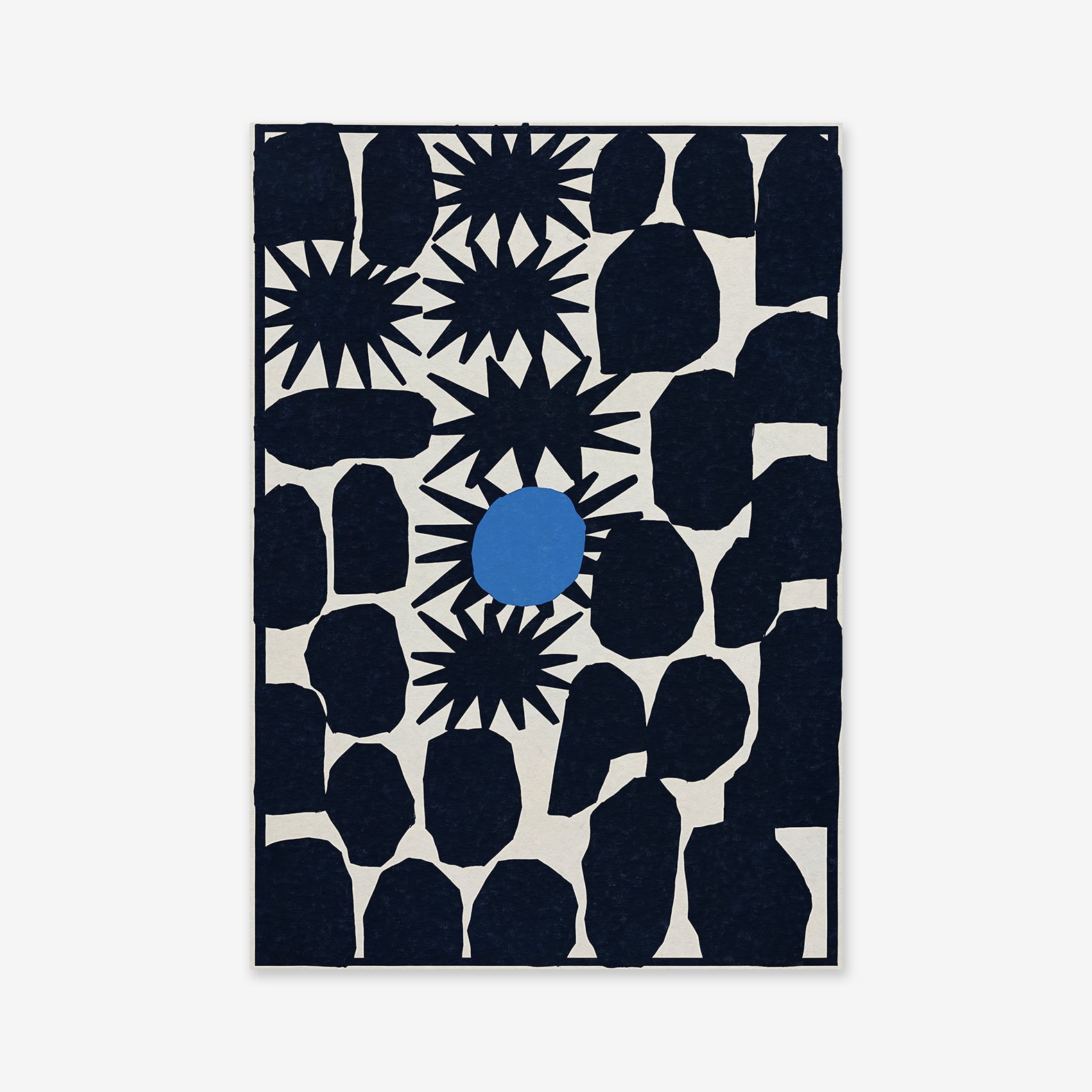 VIP abstract giclée art print with irregular black shapes, starburst patterns, and a bold blue circle on a white background. This geometric design suits modern interiors and is printed on archival paper.