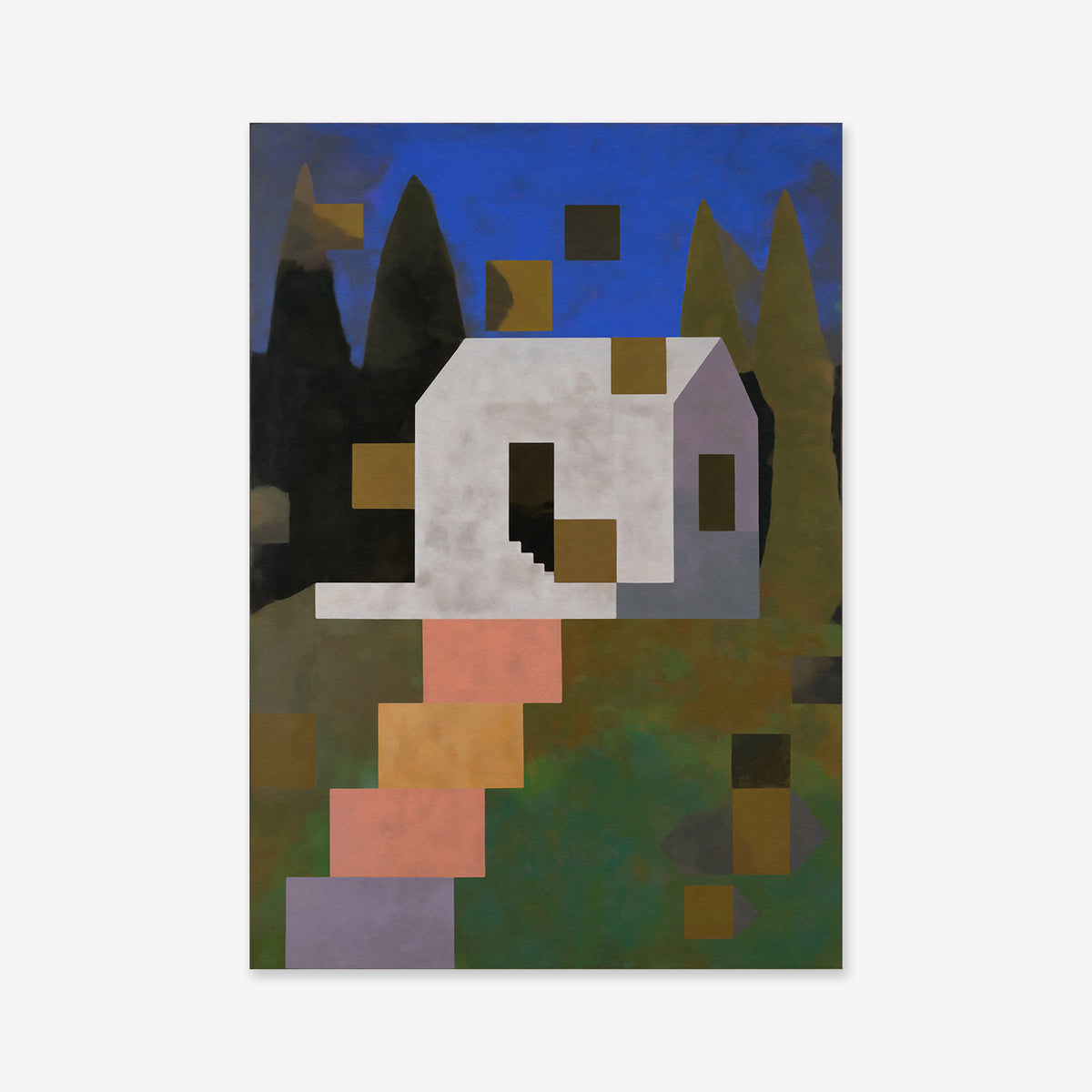 Vacation House" Giclée art print: An abstract image of a white house with staircase, surrounded by trees and greenery in pixel-like shapes against a dark blue sky—ideal for adding modern style to your home.