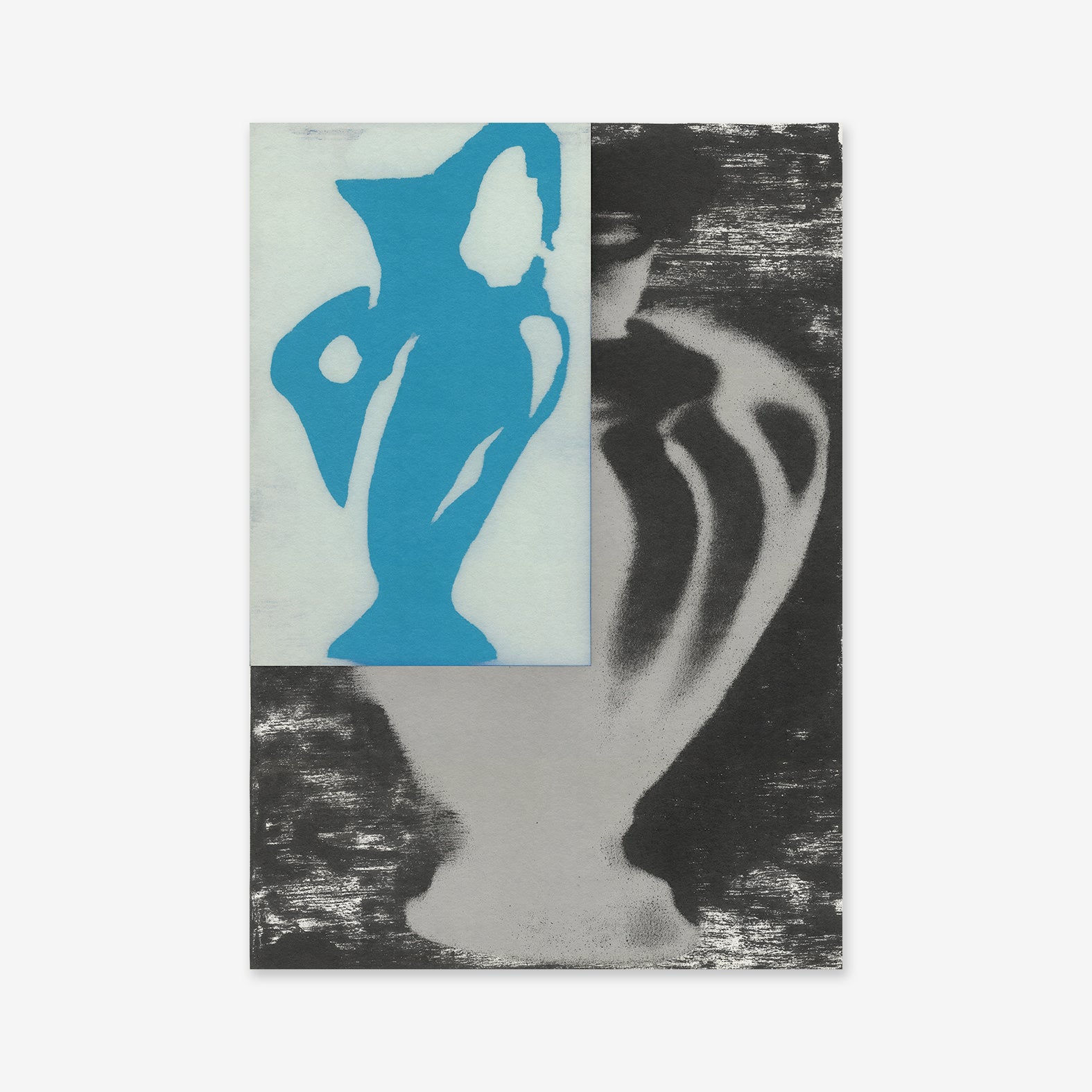 Vase on vase: A grayscale photo of a vase is layered with a blue silhouette on a translucent rectangle, forming an abstract composition—ideal as a Giclée art print for modern interiors.