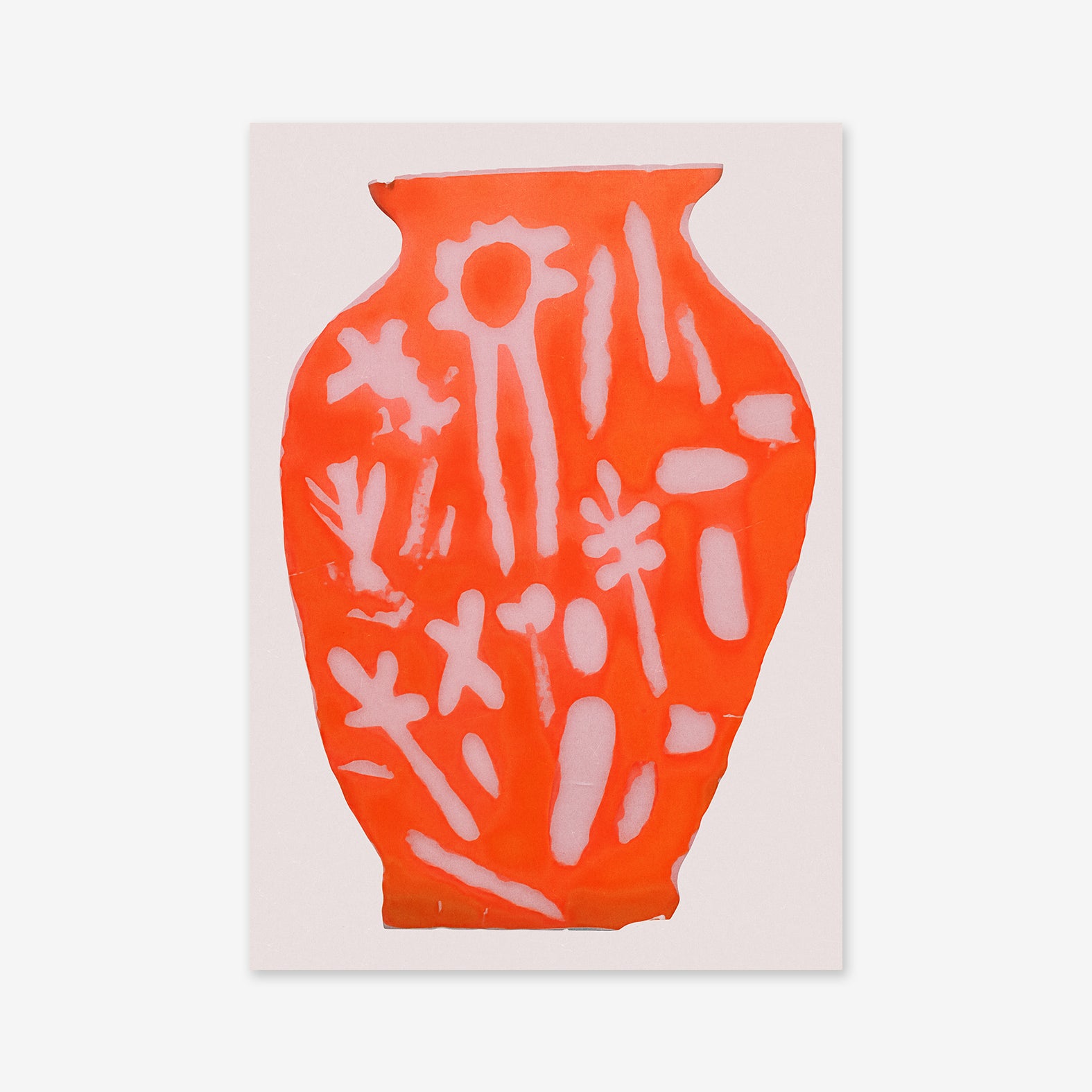 Vase stencil No. 5 features a bright red vase with abstract white floral and botanical shapes on a plain white background—ideal as a Giclée art print for modern interiors, printed on archival paper.
