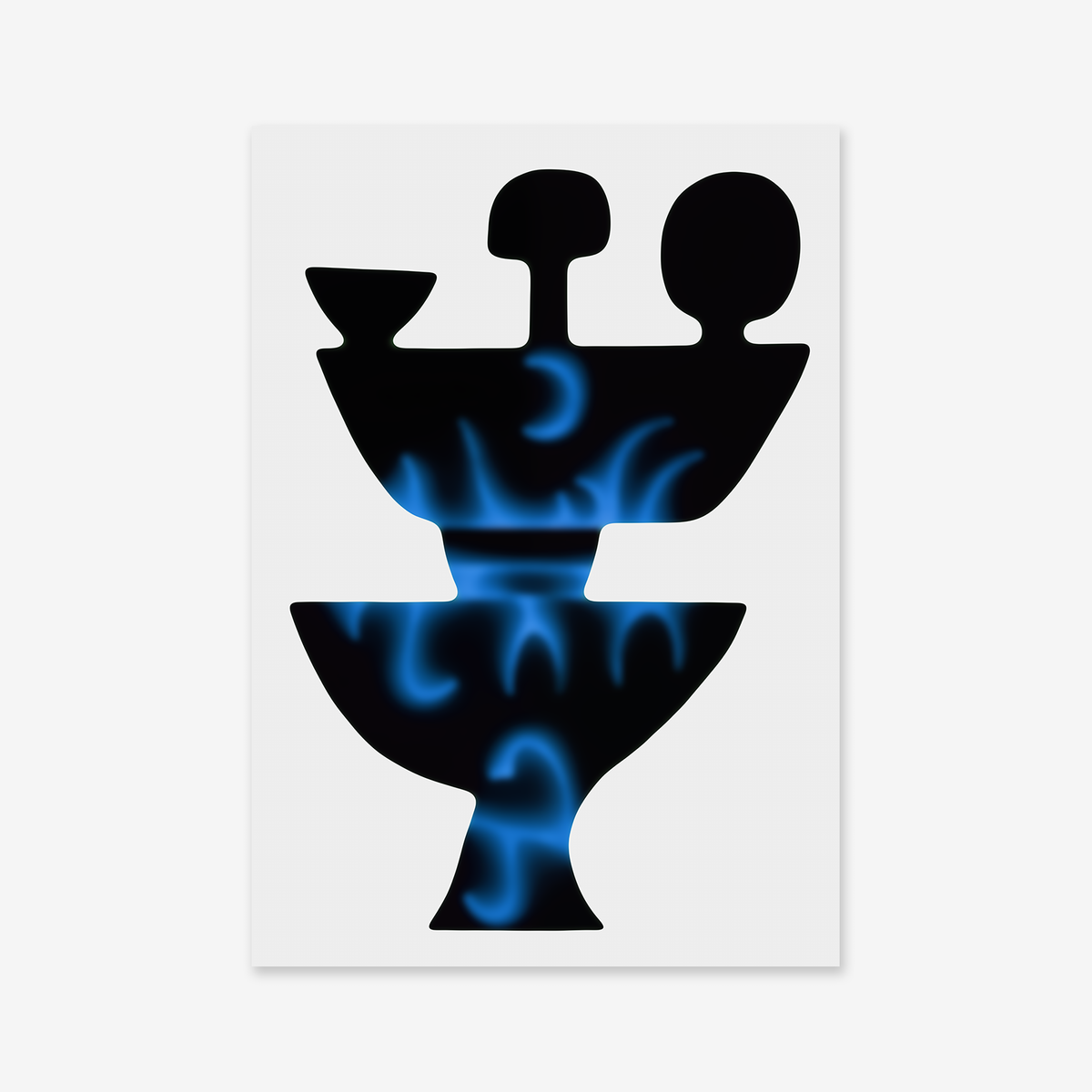 Vase tower No. 4 features abstract black shapes resembling vessels stacked on white, with swirling blue flame-like patterns. This striking Giclée art print is ideal for modern interiors and printed on archival paper for lasting quality.