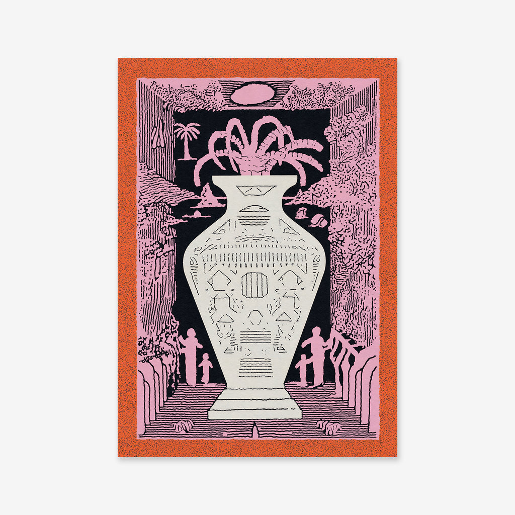 Vases of all vases" art print: A striking, large decorated vase at the center, with pink and black stylized scenery—palm trees, moon, plants, and two small figures—on an orange-bordered background. Ideal for modern interiors.